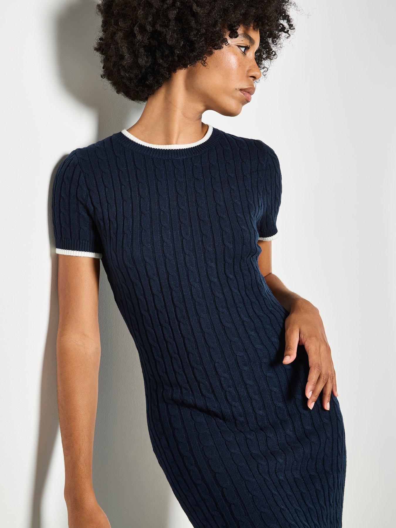 Image 4 of 4 of Apricot Cable Knit Contrast Trim Midi Dress - Blue