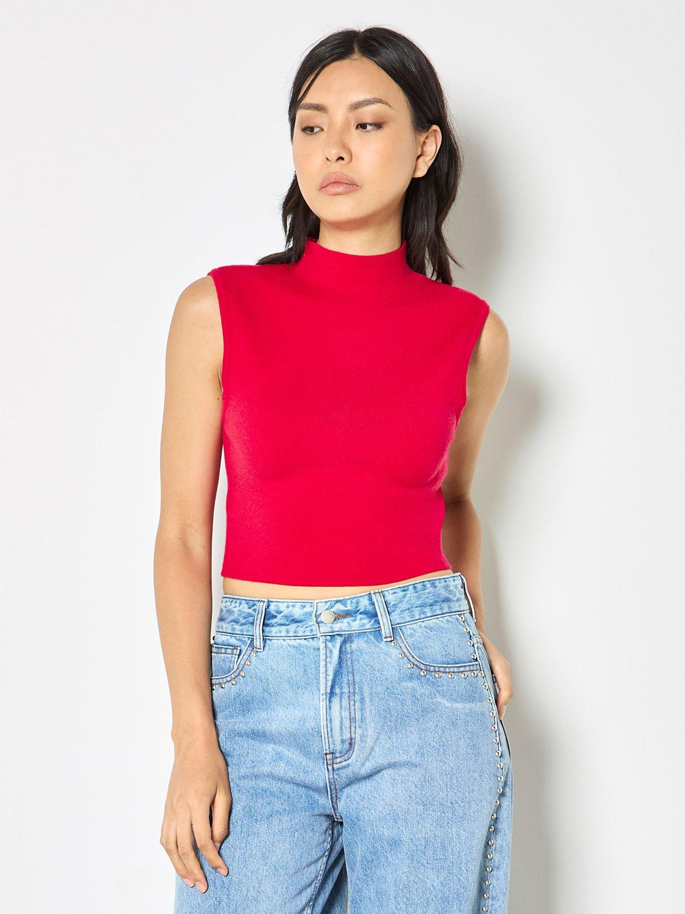 Apricot Apricot High Neck Simple Knit Crop Top