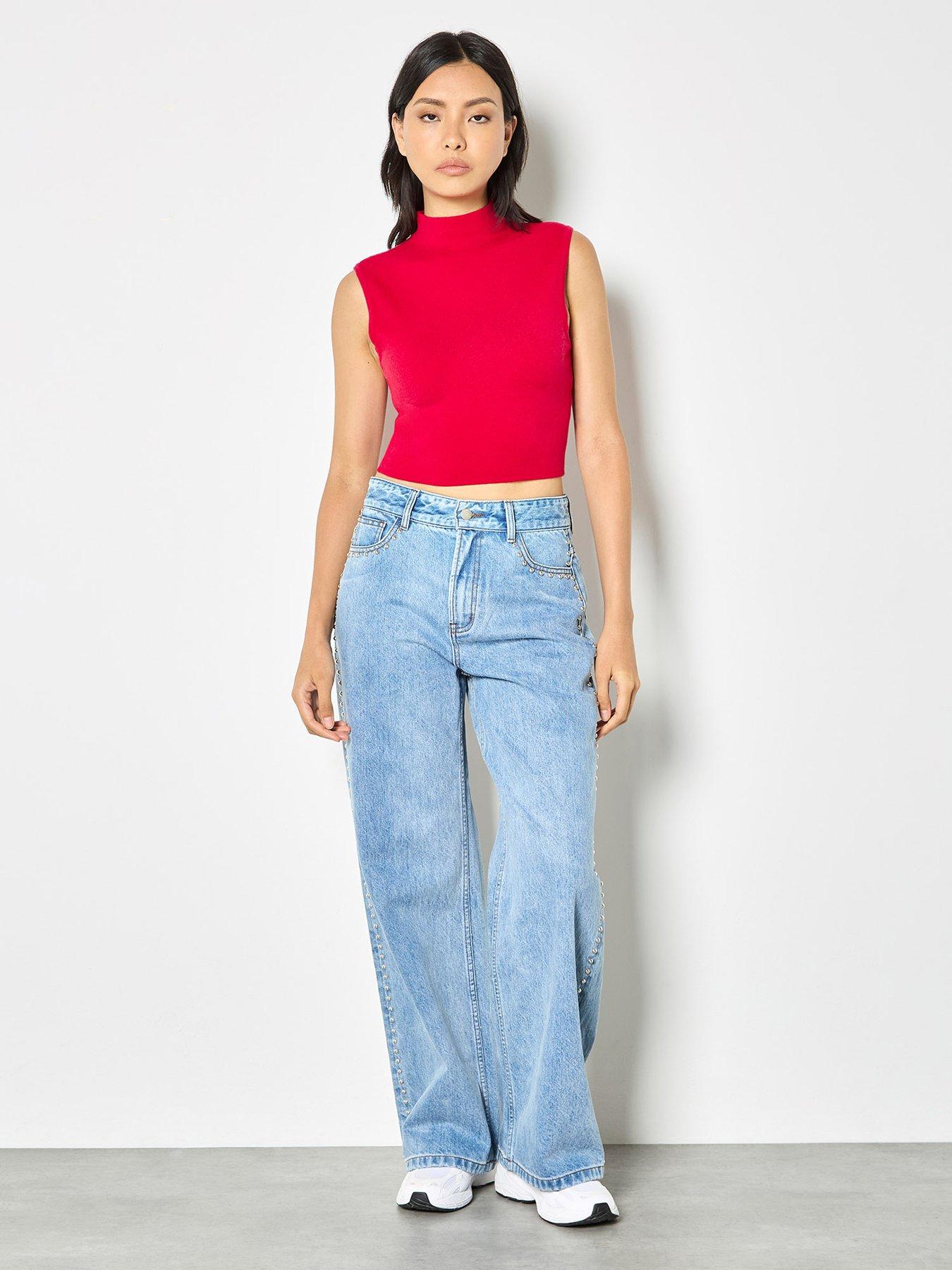 Image 3 of 4 of Apricot High Neck Knitted Crop Top - Red