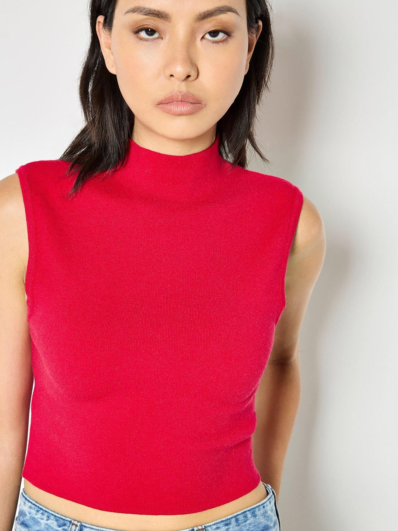 Image 4 of 4 of Apricot High Neck Knitted Crop Top - Red