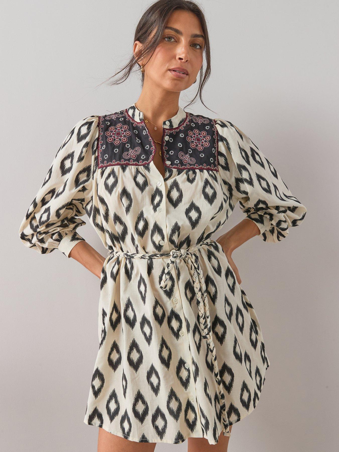Image 1 of 7 of The Very Collection Printed Belted Shirt Mini Dress - Cream