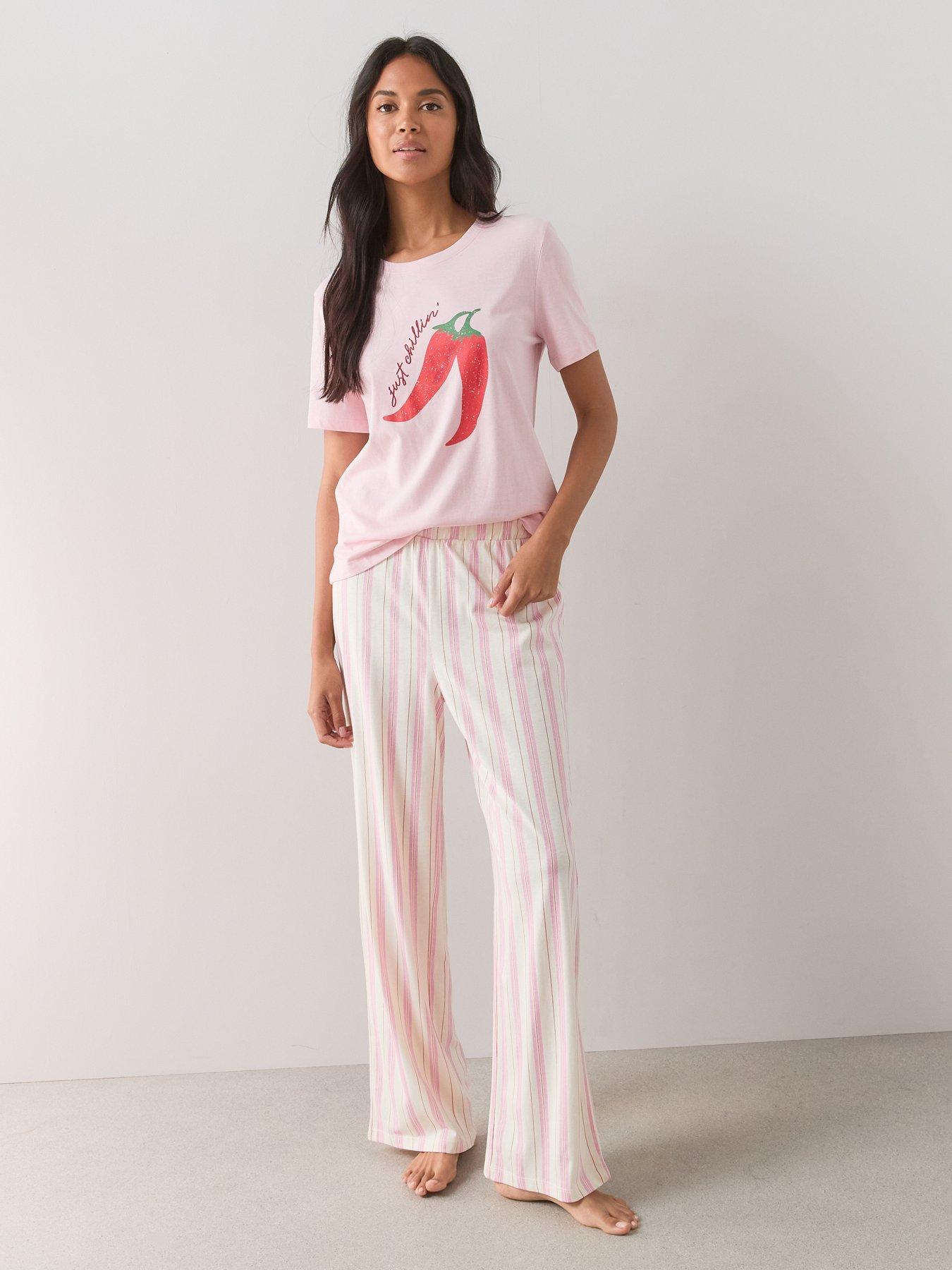 The Very Collection Short Sleeve Chilli Print T-shirt And Wide Leg Pyjama Set - Pink