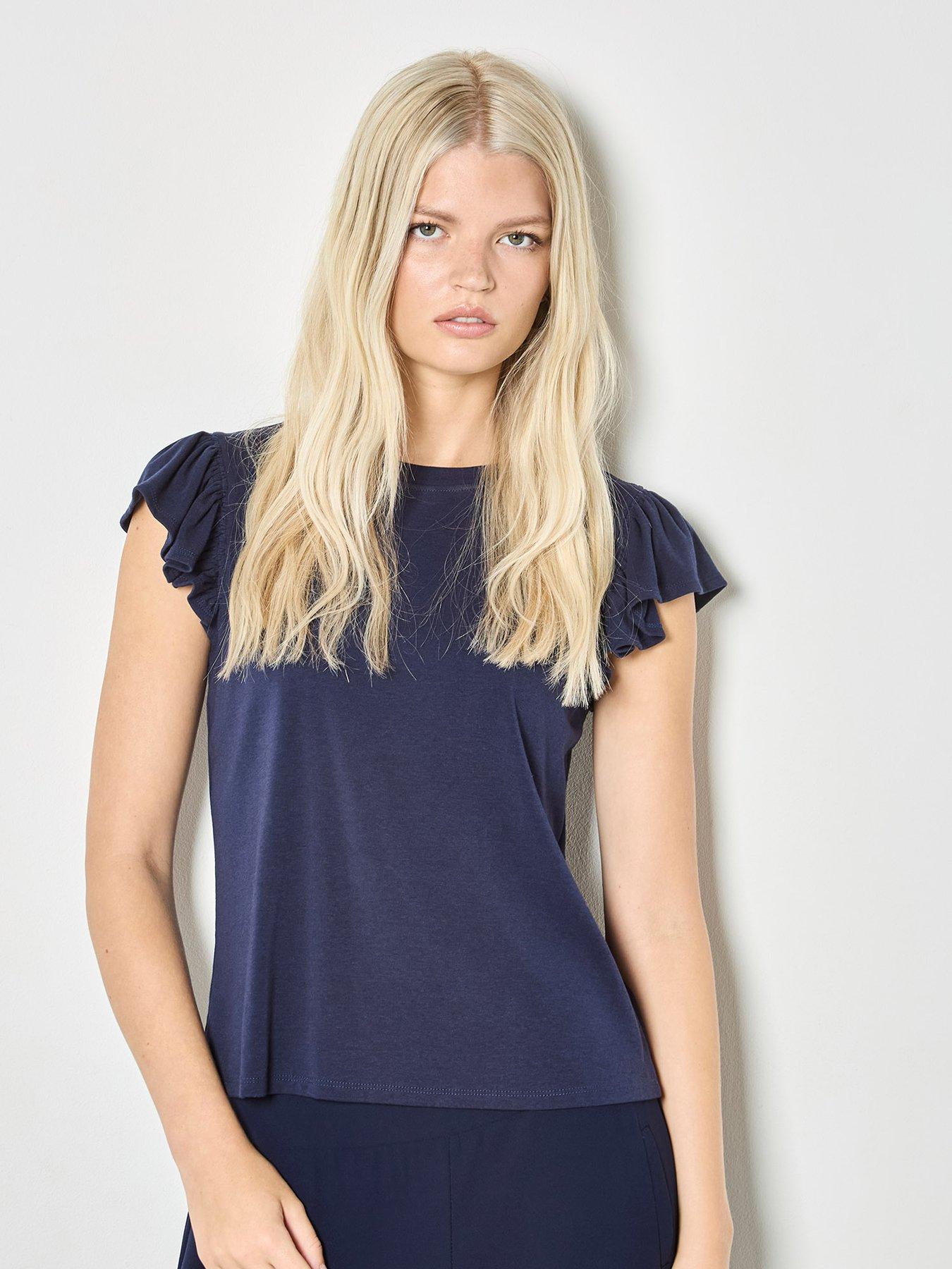 Image 1 of 4 of Apricot Fine Rib Ruffle T-Shirt - Blue