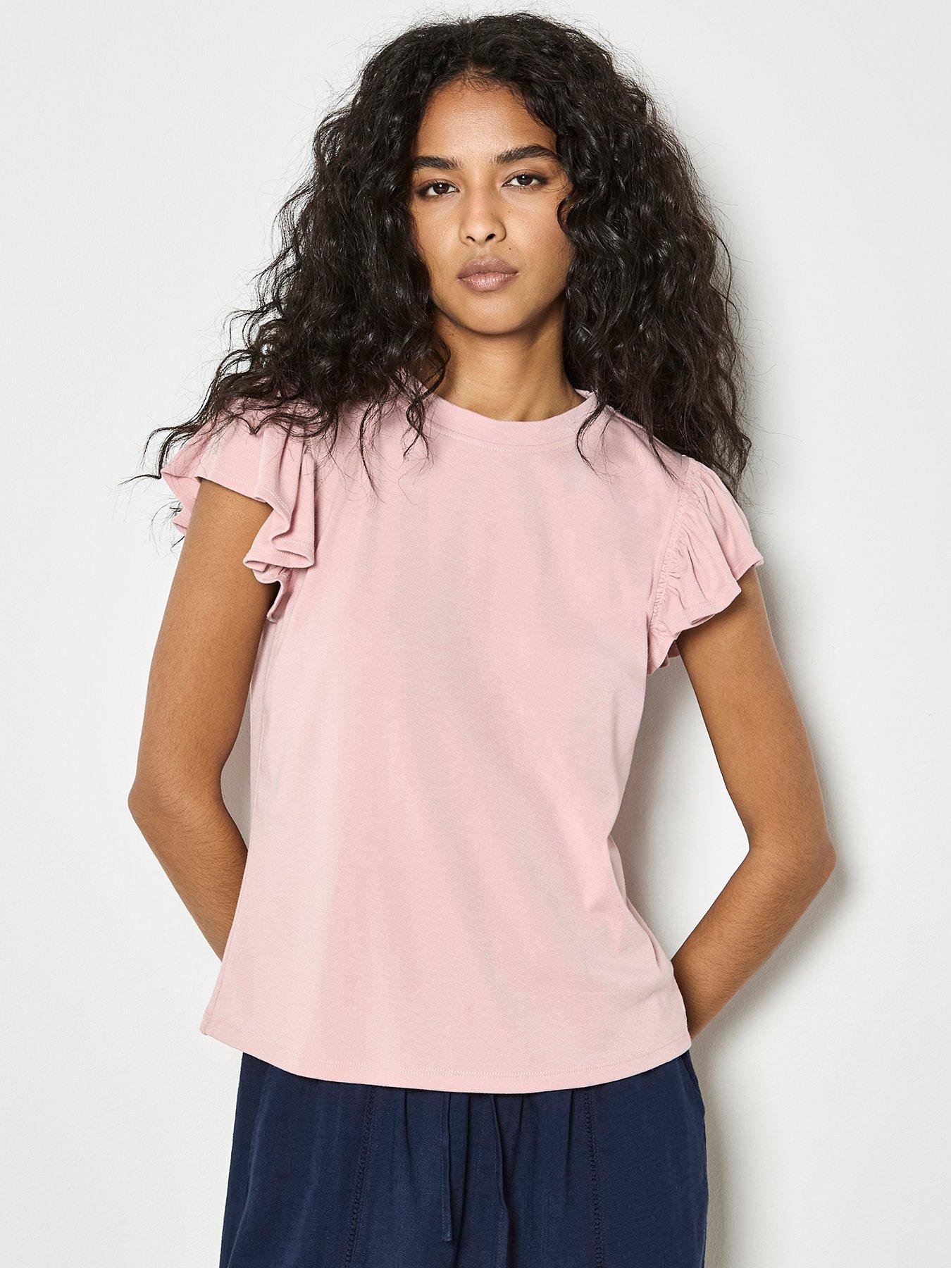 Apricot Fine Rib Ruffle T-Shirt - Pink