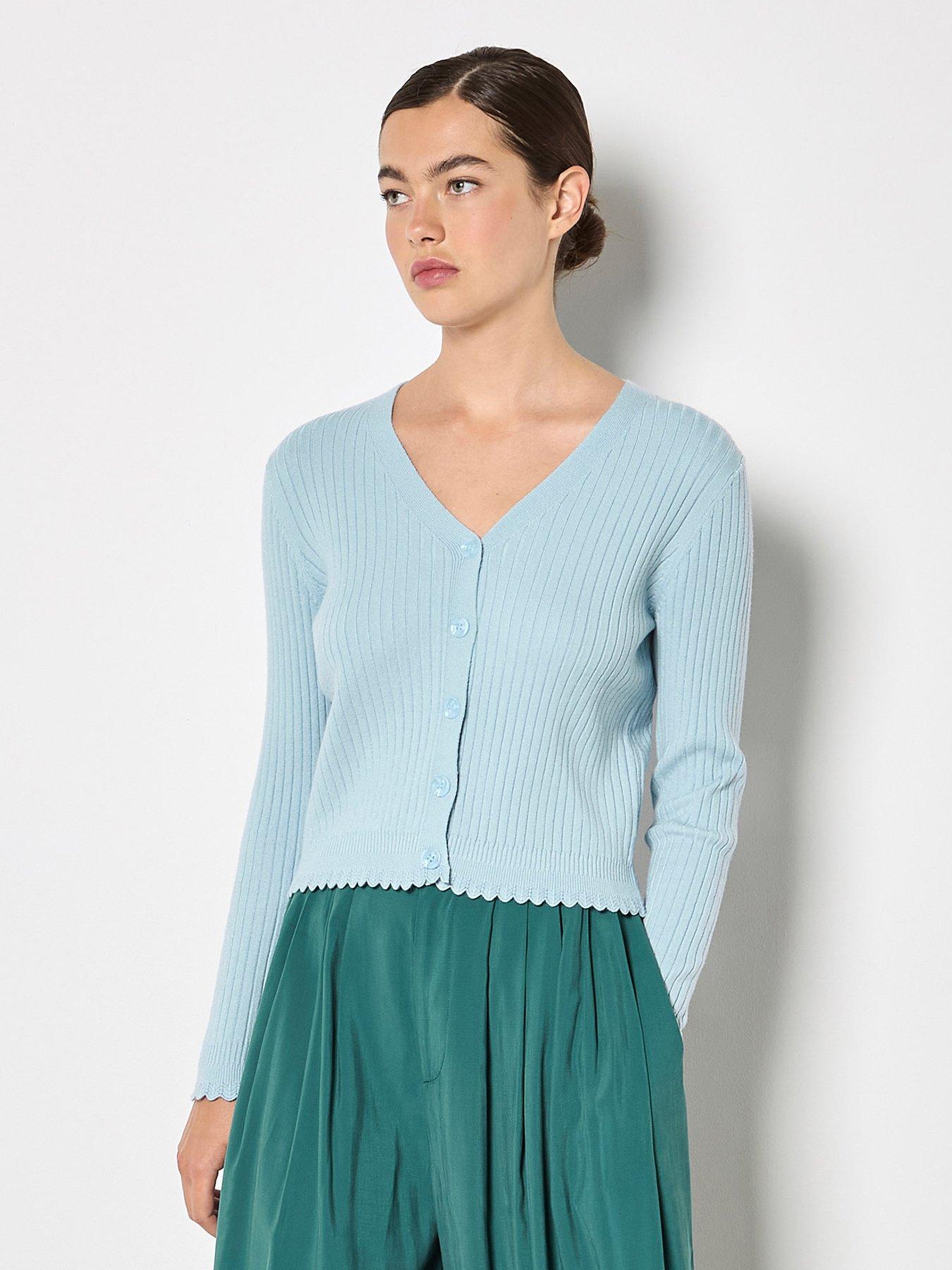 Apricot Ribbed Scallop Hem Cardigan - Blue