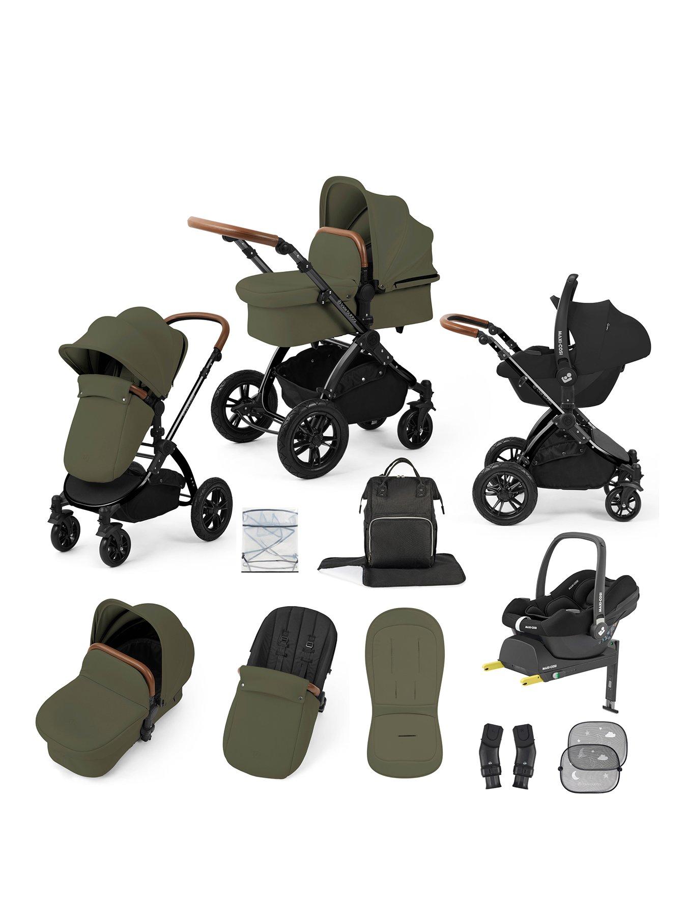Ickle Bubba Stomp Luxe 12 Piece Travel System With Maxi Cosi Cabriofix I-Size Car Seat  &  Isofix Base - Black / Woodland / Tan