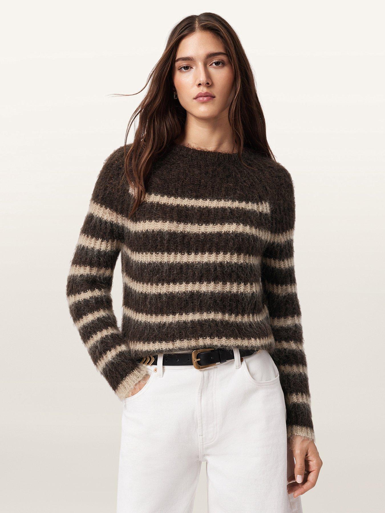 AllSaints Riga Long Sleeve Striped Jumper, Brown, Size M, Women