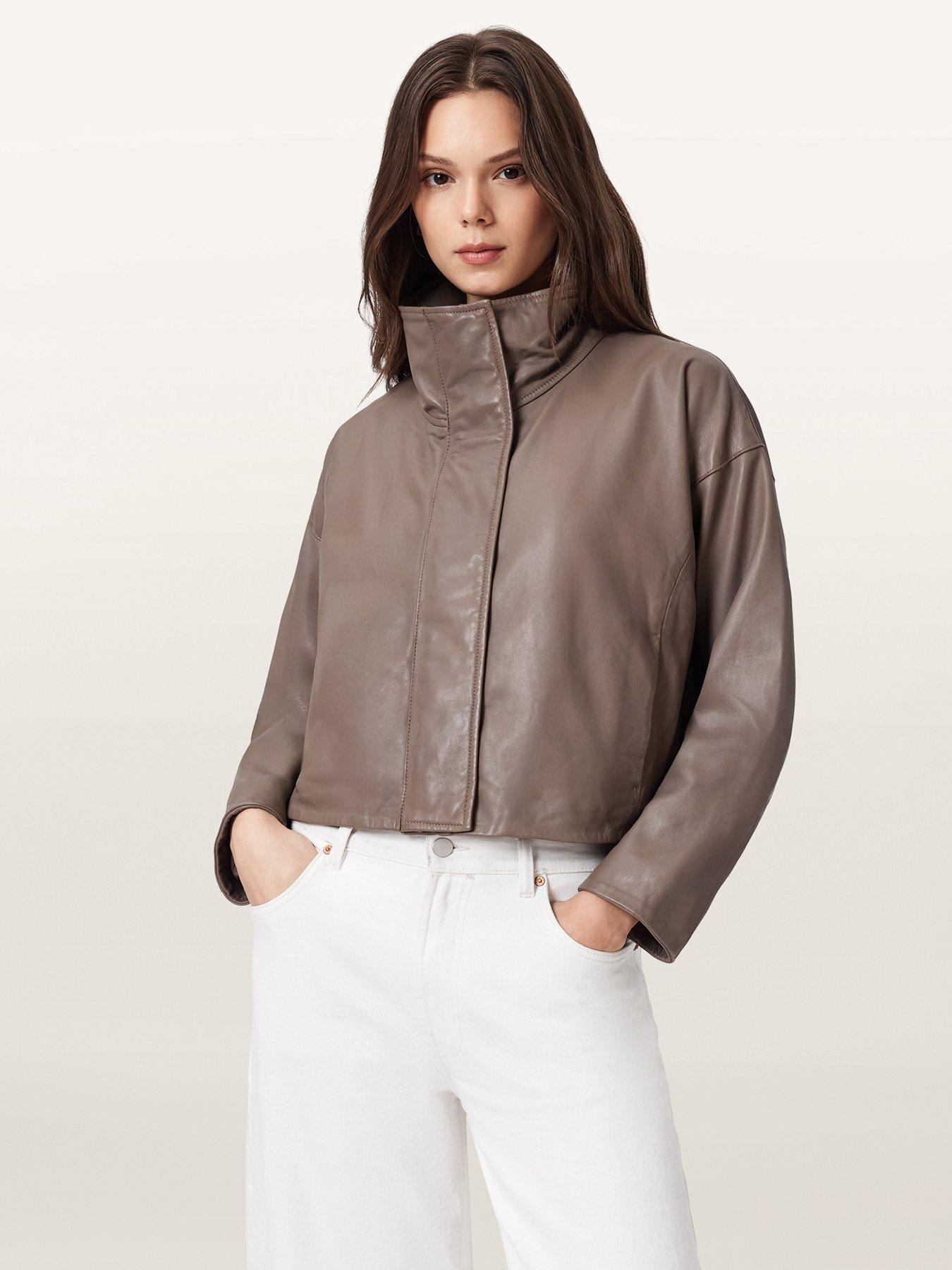 AllSaints Ryder Cropped Leather Jacket - Mocha Brown