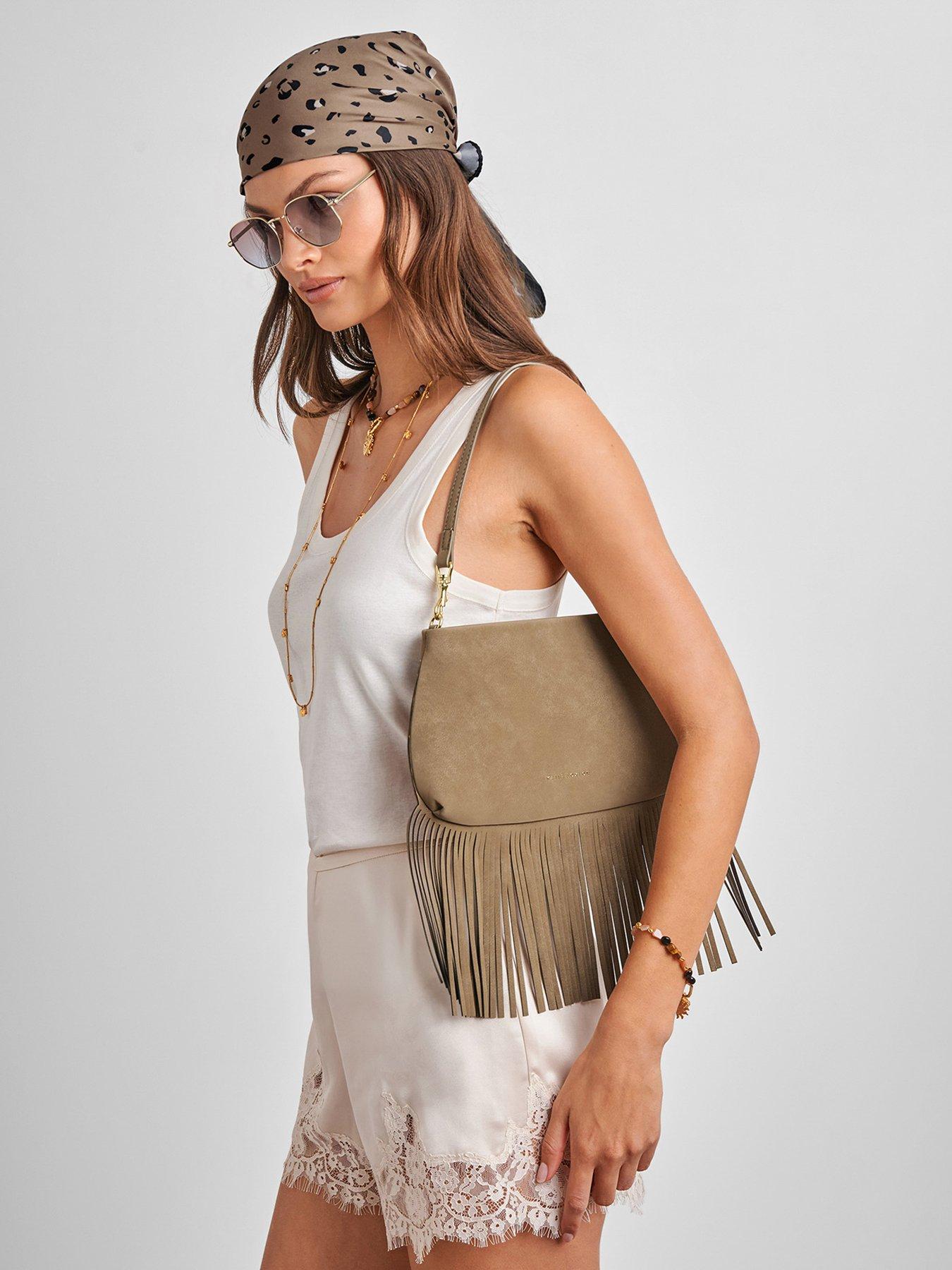 Katie Loxton Cali Small Suedette Fringe Detail Shoulder Bag - Taupe