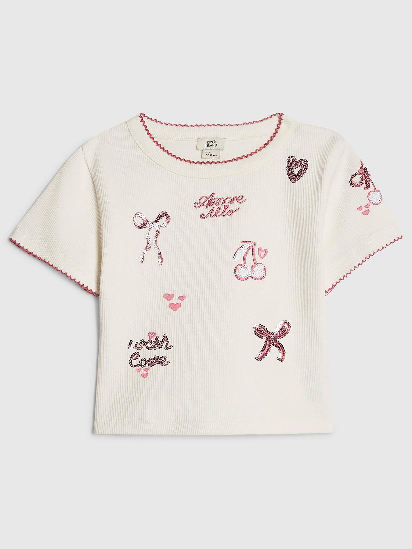 River Island Older Girls Ribbed Sequin Bow Embellished T-Shirt - White