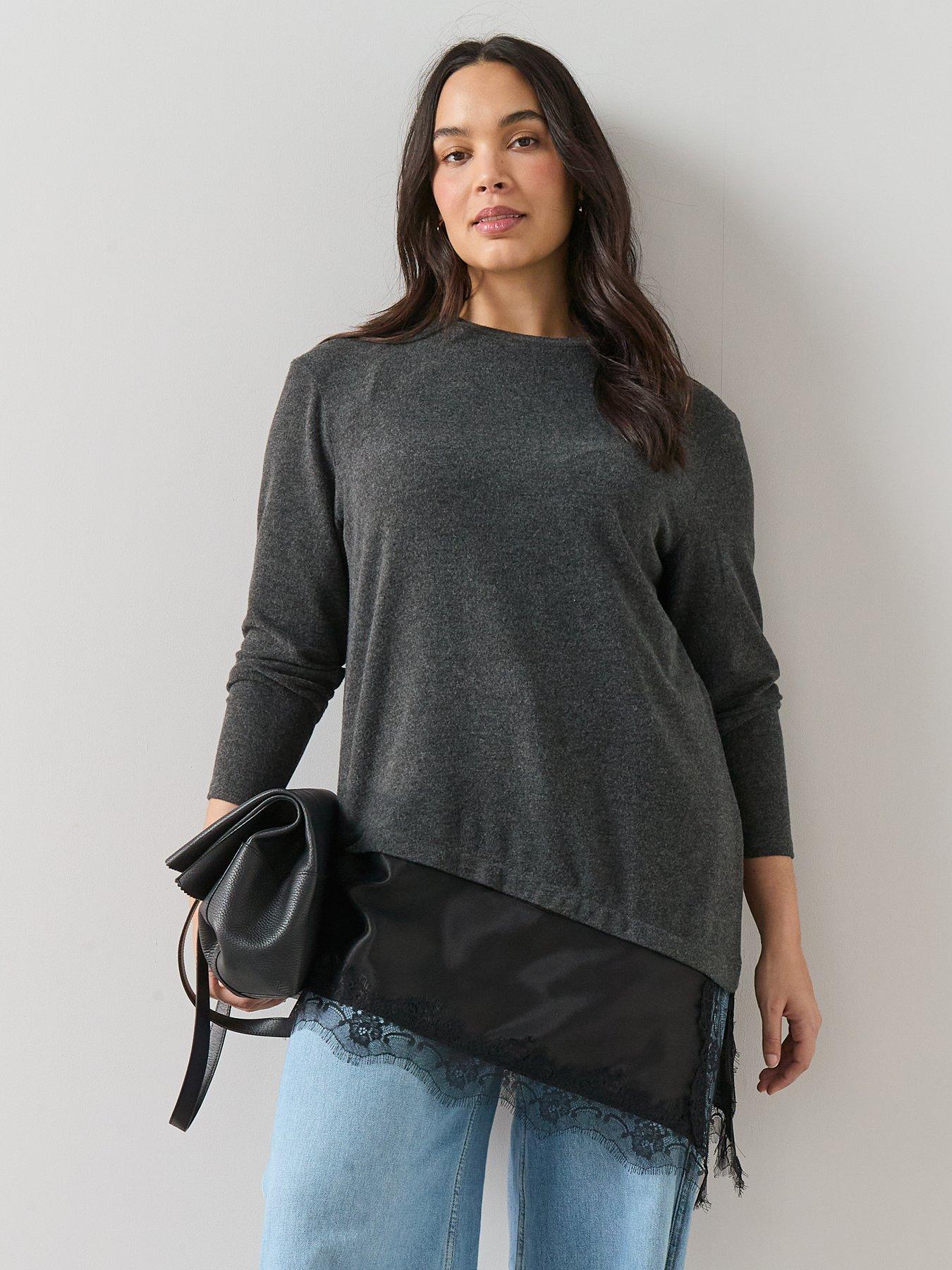 The Very Collection Curve Lace Trim Jumper - Dark Grey