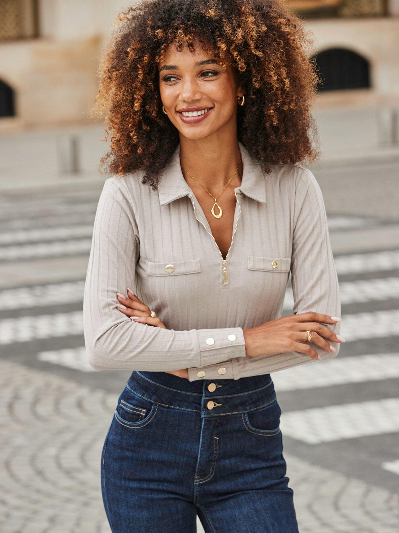 Sosandar Zip Front Top With Gold Buttons - Taupe