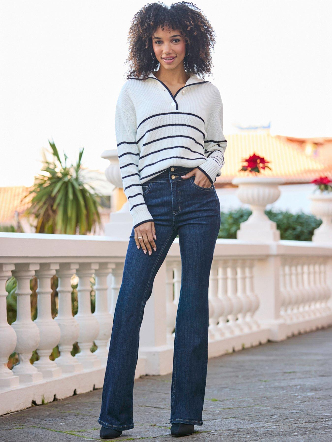 Sosandar Stripe Gold Button Detail Collared Jumper - Ivory/Navy Blue