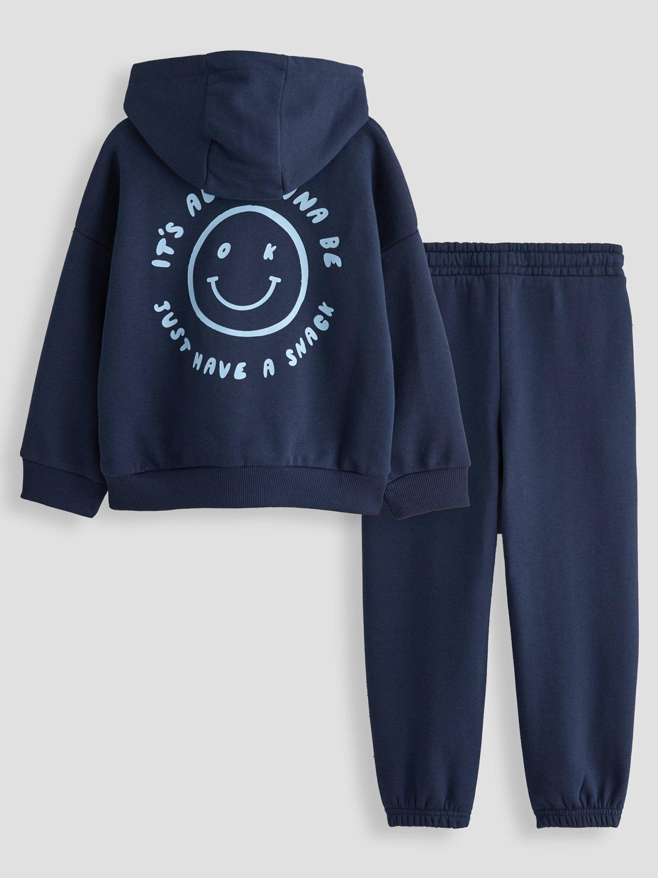 Image 1 of 5 of The Very Collection Boys Smile Back Graphic Hoodie And Joggers Outfit Set (9 months - 7 years) - Navy