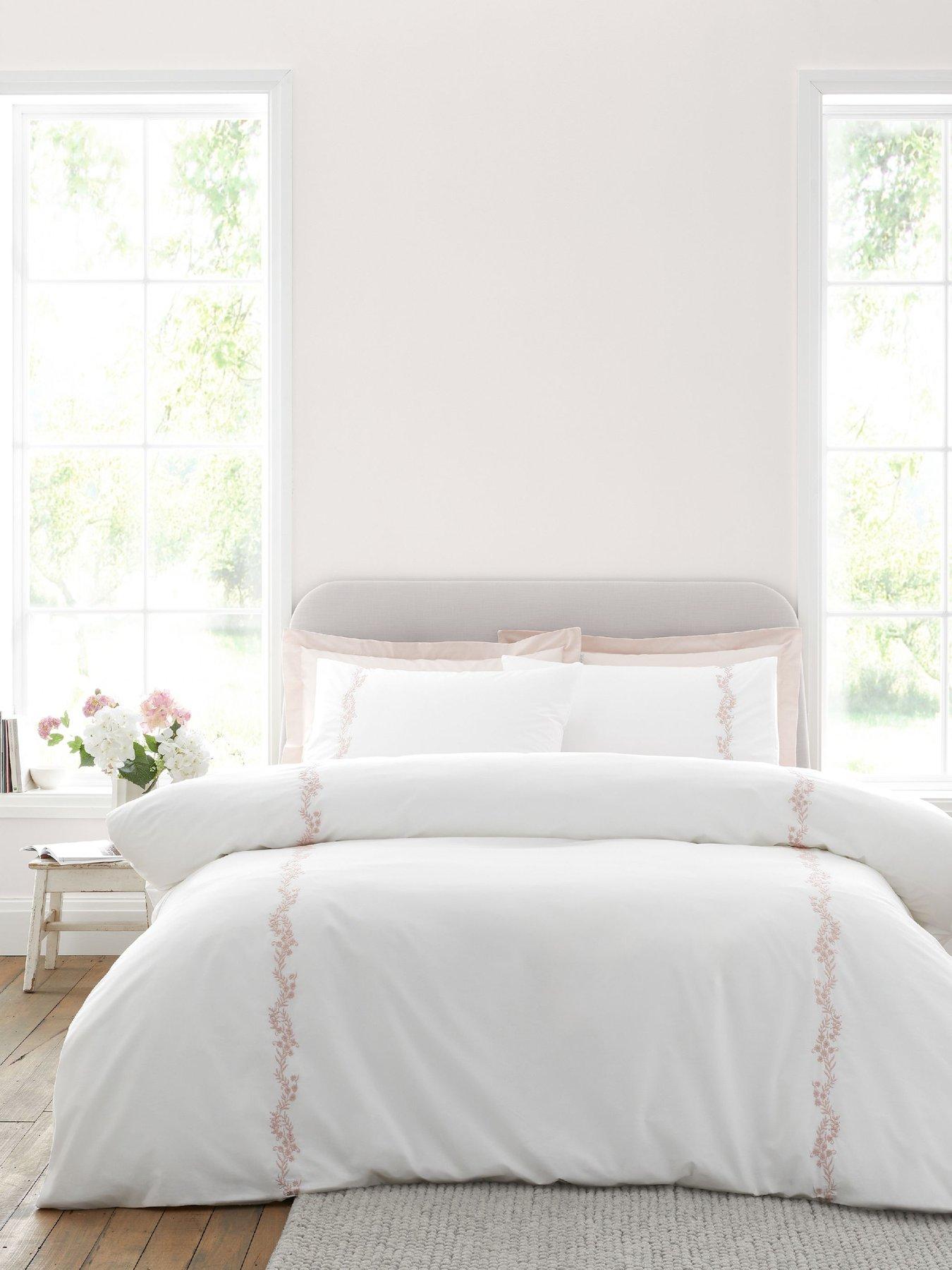 Bianca Camille Embroidered Floral 100% Cotton Duvet Set White / Pink