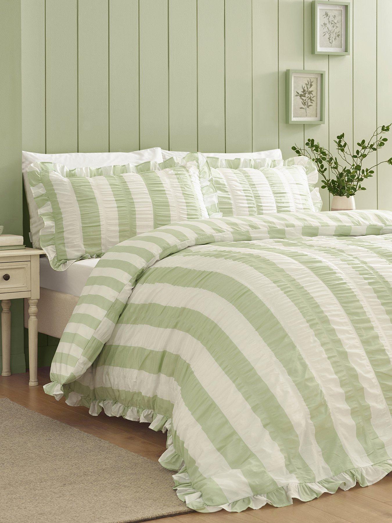 Catherine Lansfield Seersucker Frill Stripe Duvet Set Green
