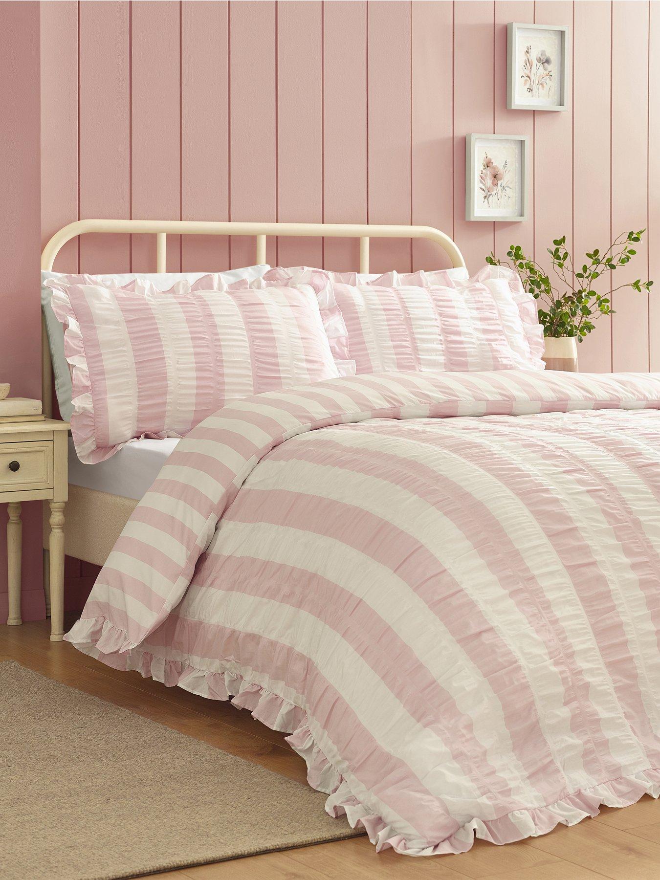 Catherine Lansfield Seersucker Frill Stripe Duvet Set Pink