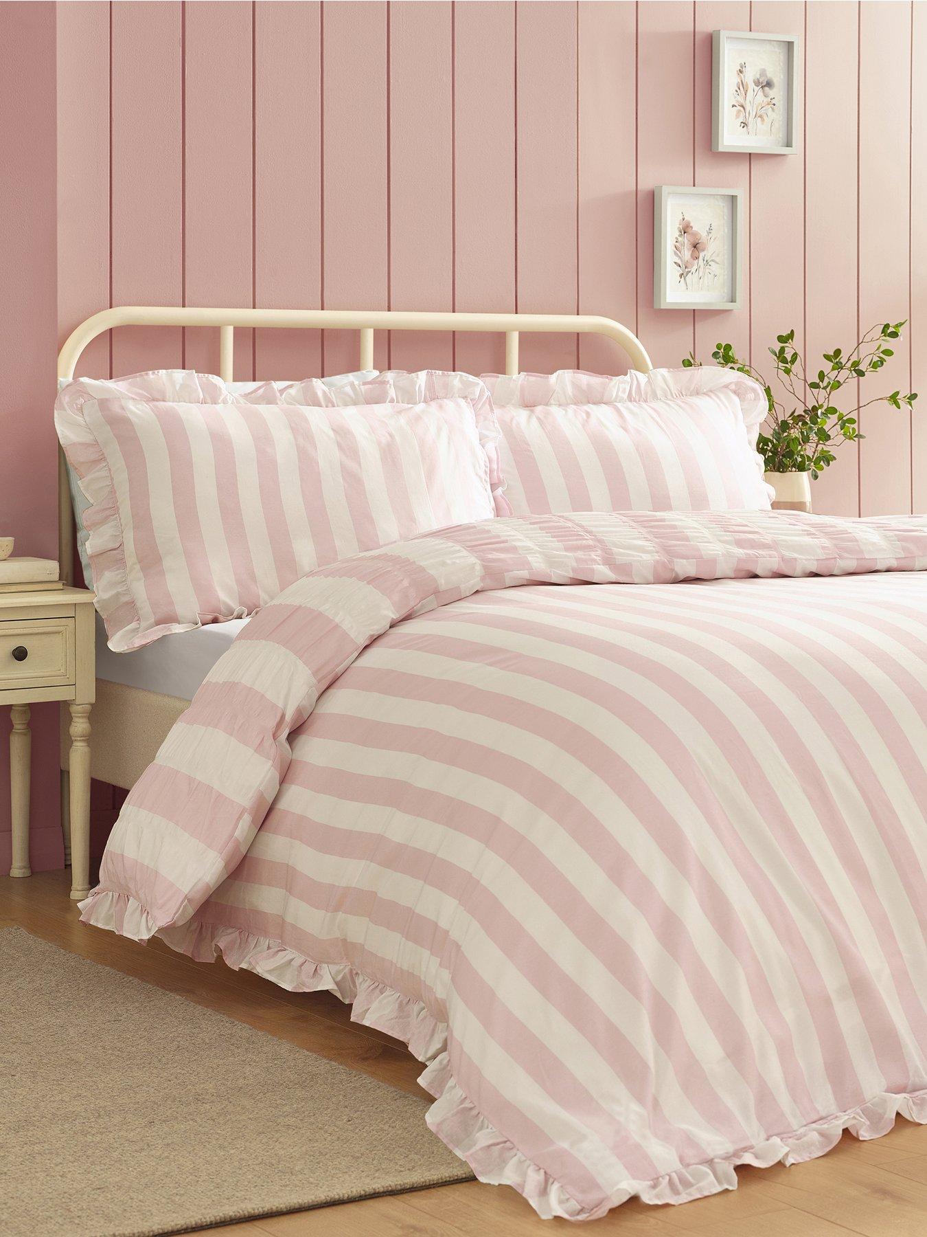 Catherine Lansfield Seersucker Frill Stripe Duvet Set Pink