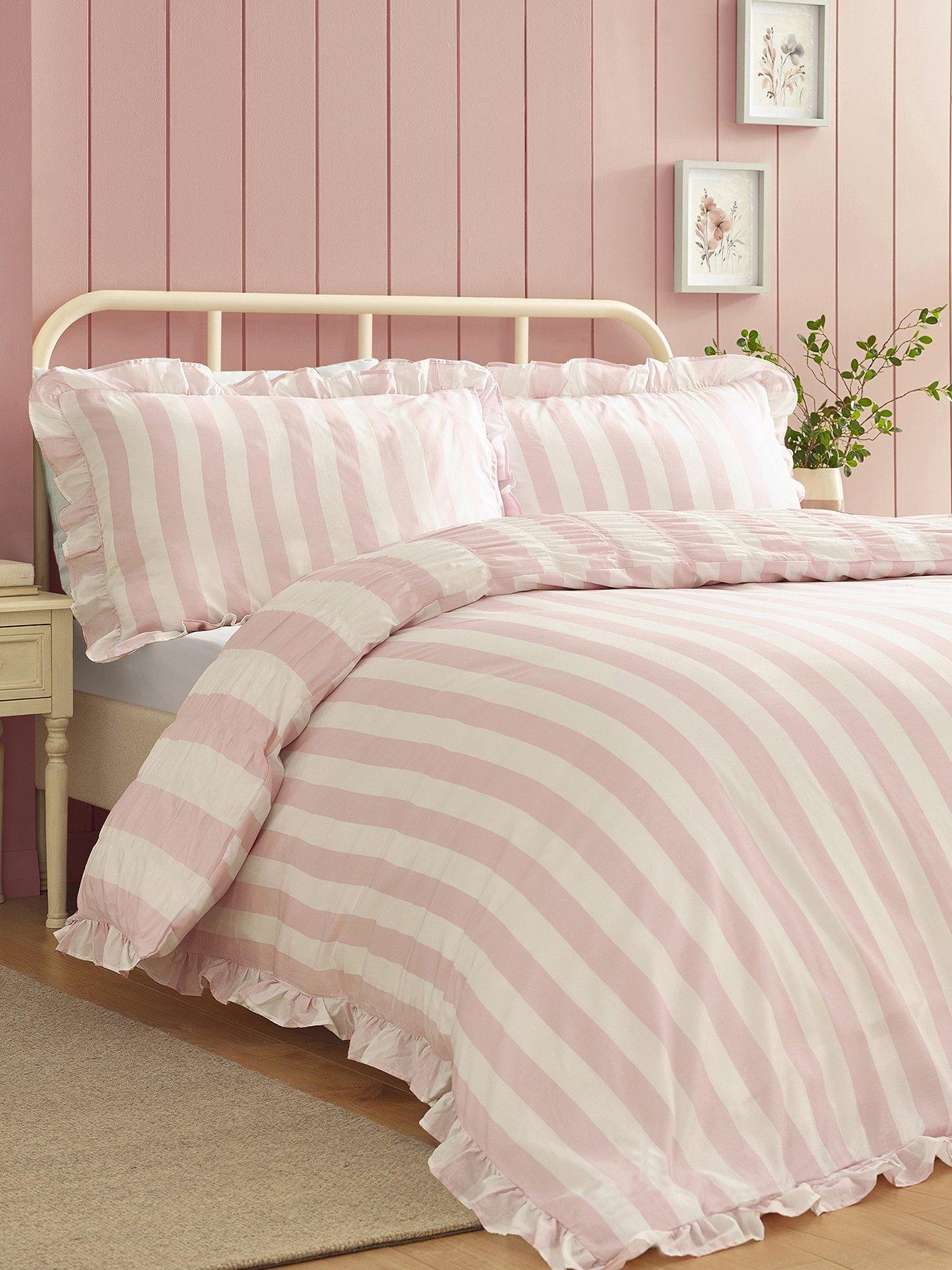 Image 2 of 4 of Catherine Lansfield Seersucker Frill Stripe Duvet Set Pink