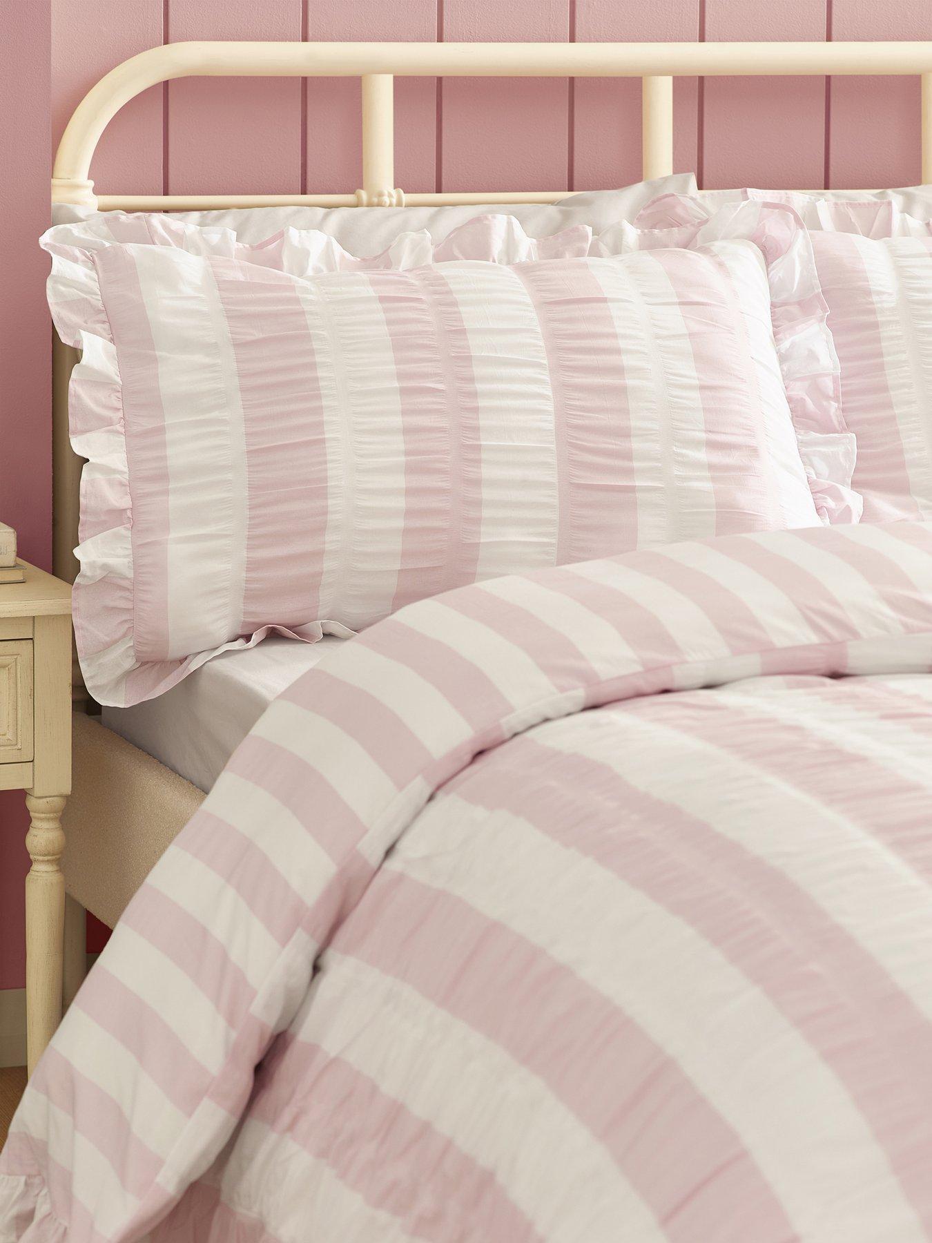 Image 3 of 4 of Catherine Lansfield Seersucker Frill Stripe Duvet Set Pink