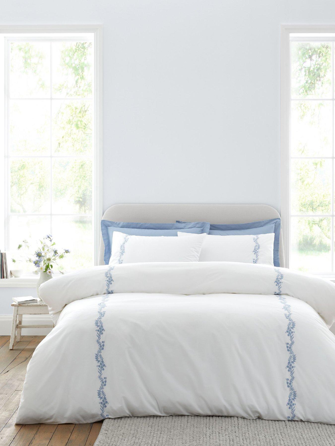Bianca Camille Embroidered Floral 100% Cotton Duvet Set White / Blue