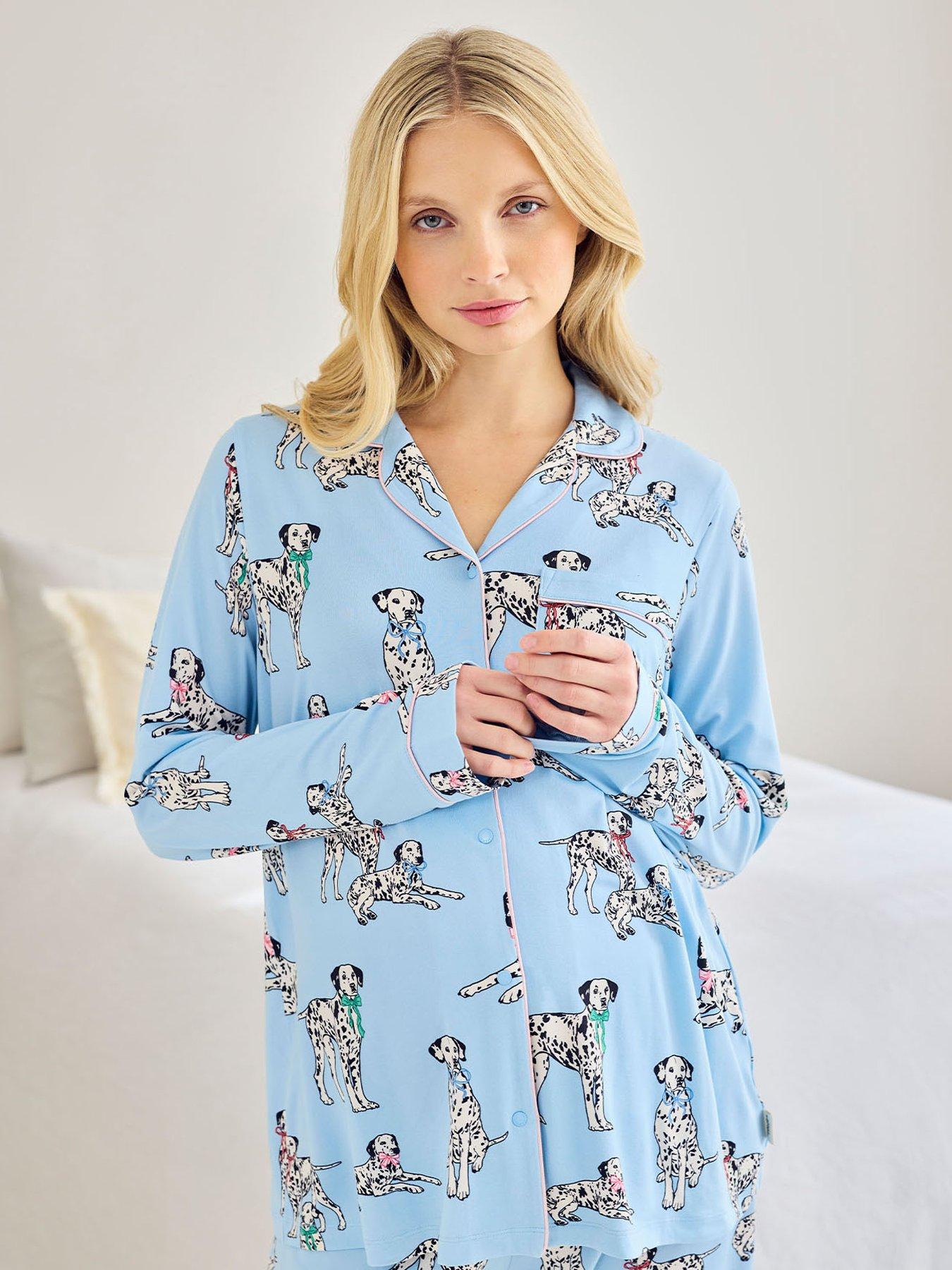 Image 4 of 5 of CHELSEA PEERS Maternity Dalmation Dogs Print Long Pyjama Set - Blue