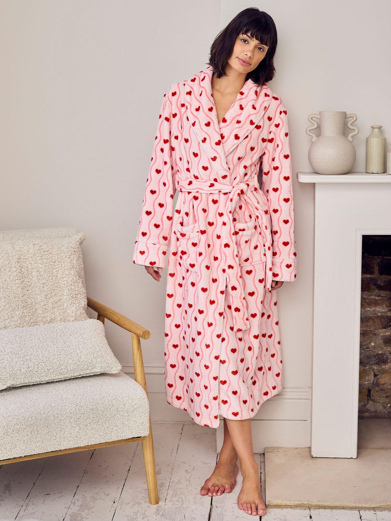 CHELSEA PEERS Fleece Wavy Stripe Heart Print Long Dressing Gown - Pink