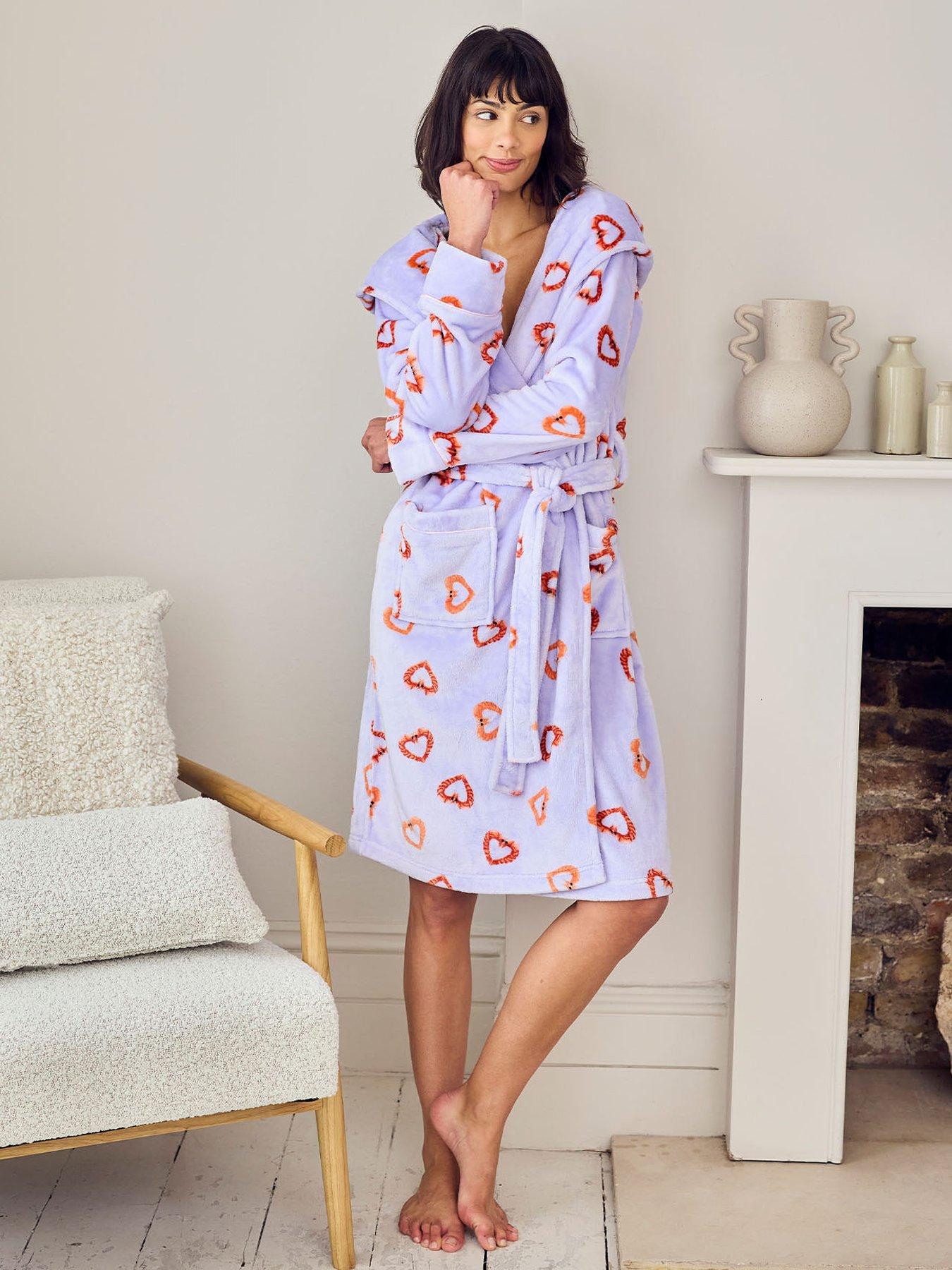 CHELSEA PEERS Fleece Shrimp Heart Print Dressing Gown - Lilac