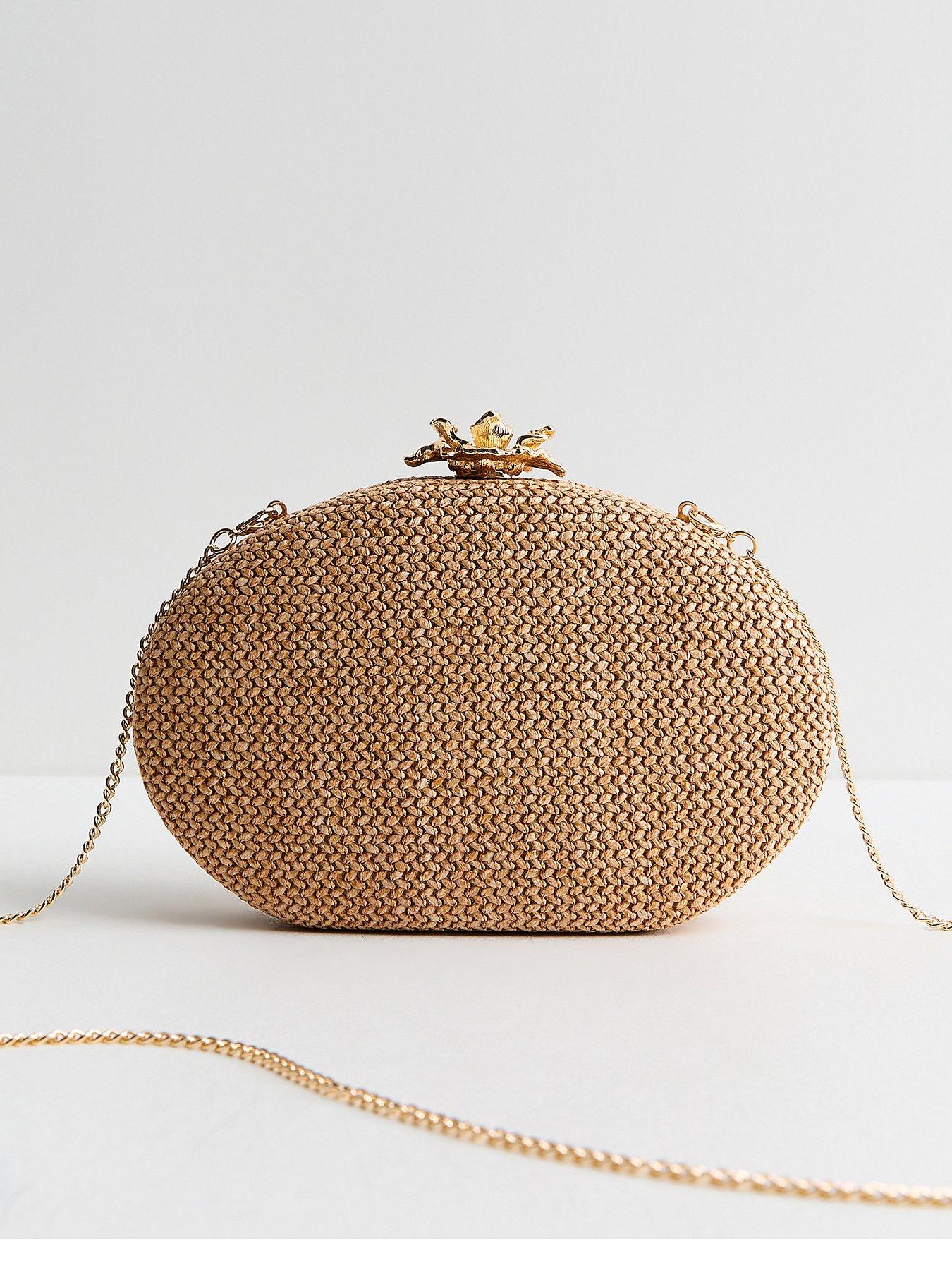 Image 1 of 4 of New Look Stone Raffia Look Flower Clasp Box Clutch