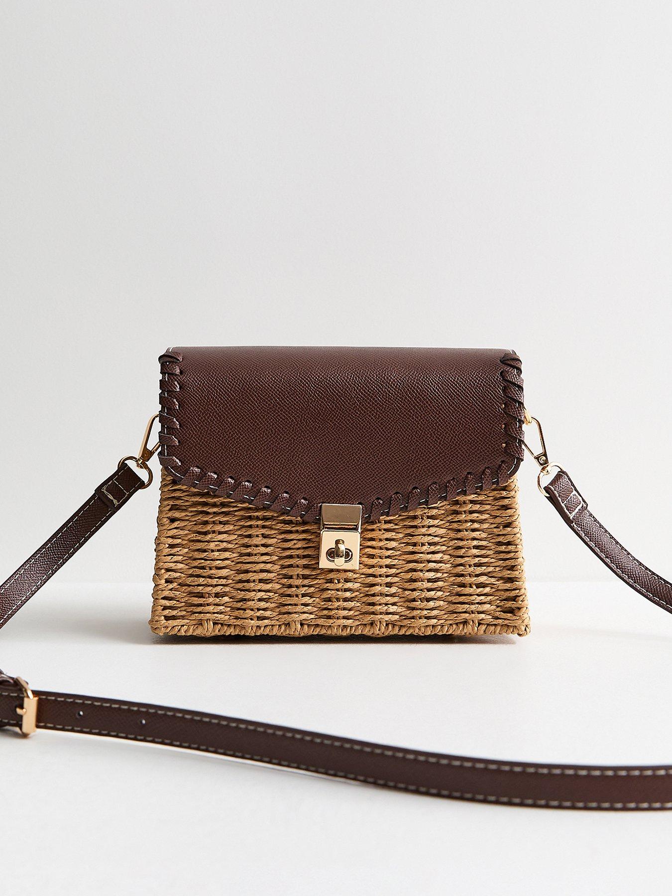 New Look Stone Woven Wicker Front Flap Crossbody Bag - Stone/Brown