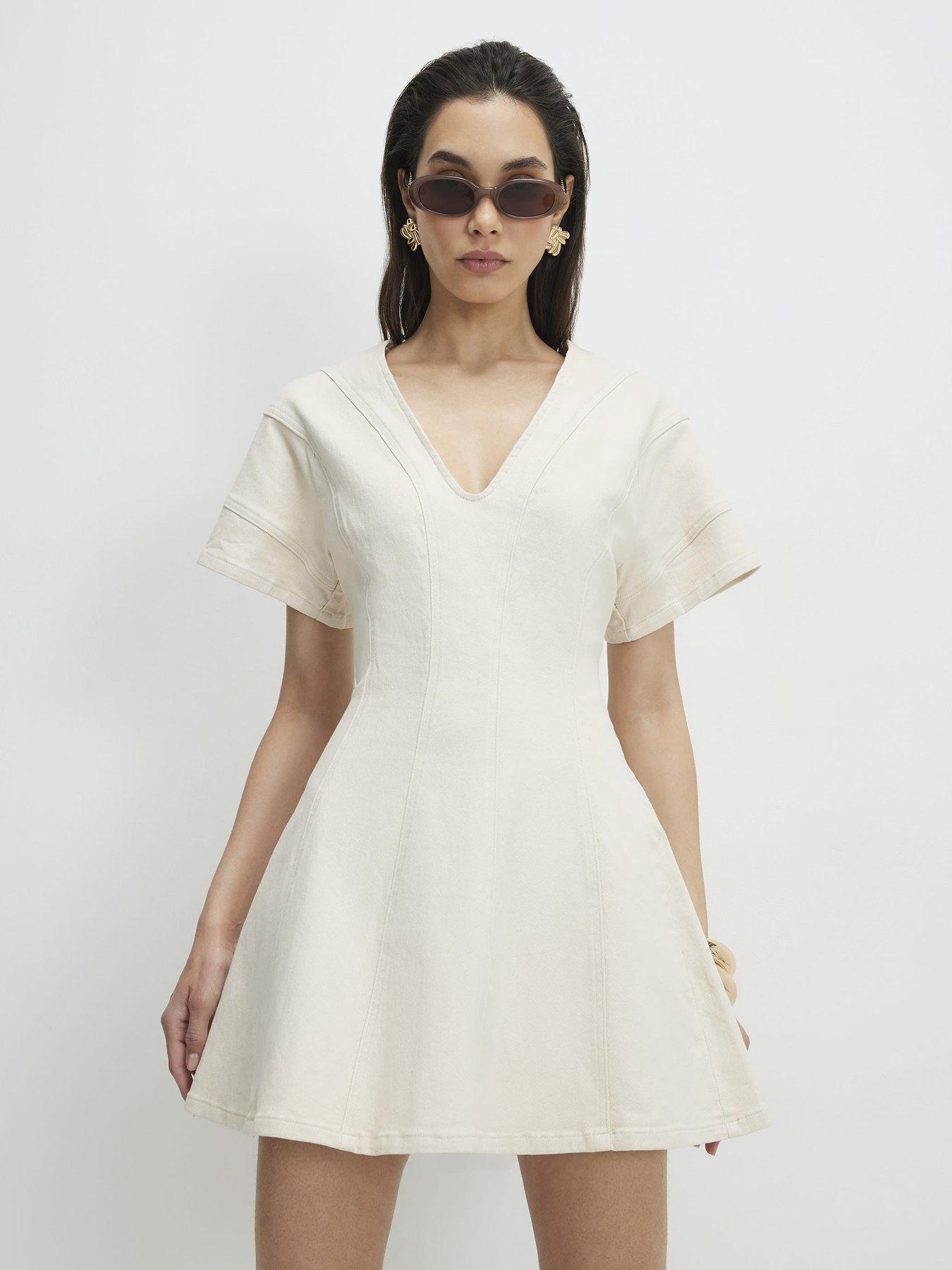 River Island Seamed Short Sleeve Denim Dress - Cream