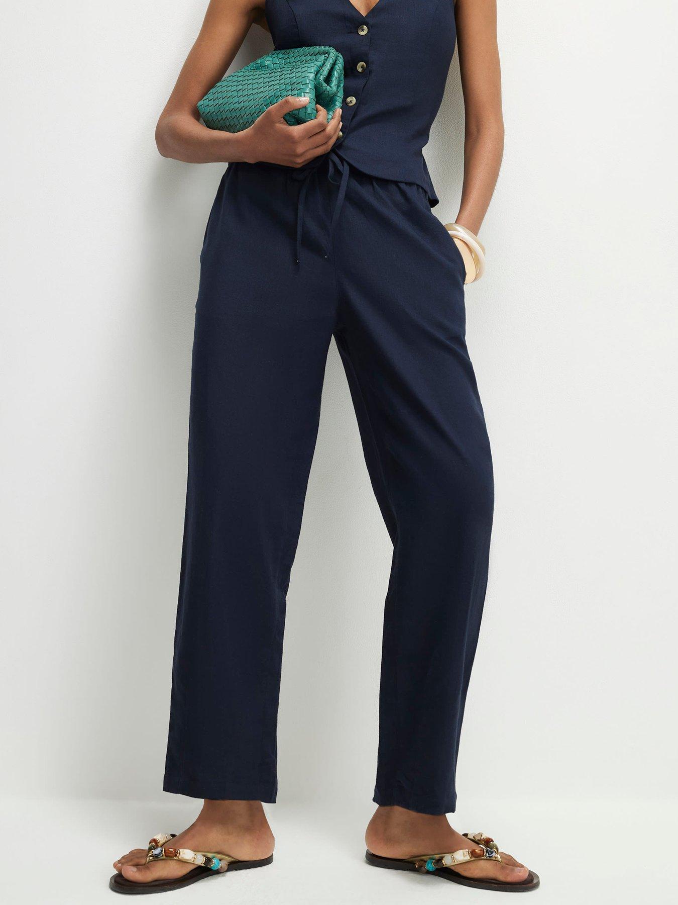 Image 1 of 4 of River Island Linen Co-ord Tapered Trousers - Navy