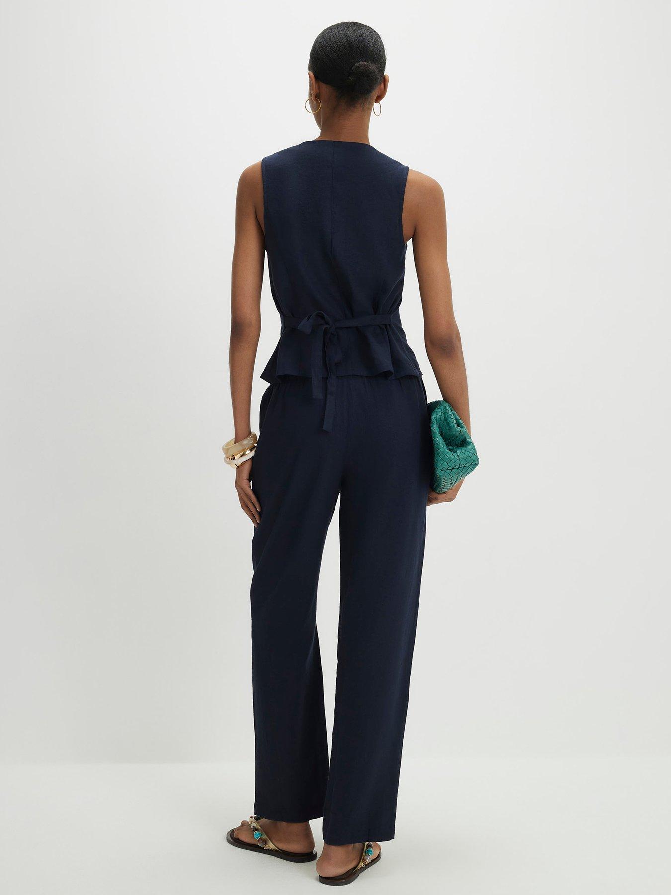Image 2 of 4 of River Island Linen Co-ord Tapered Trousers - Navy