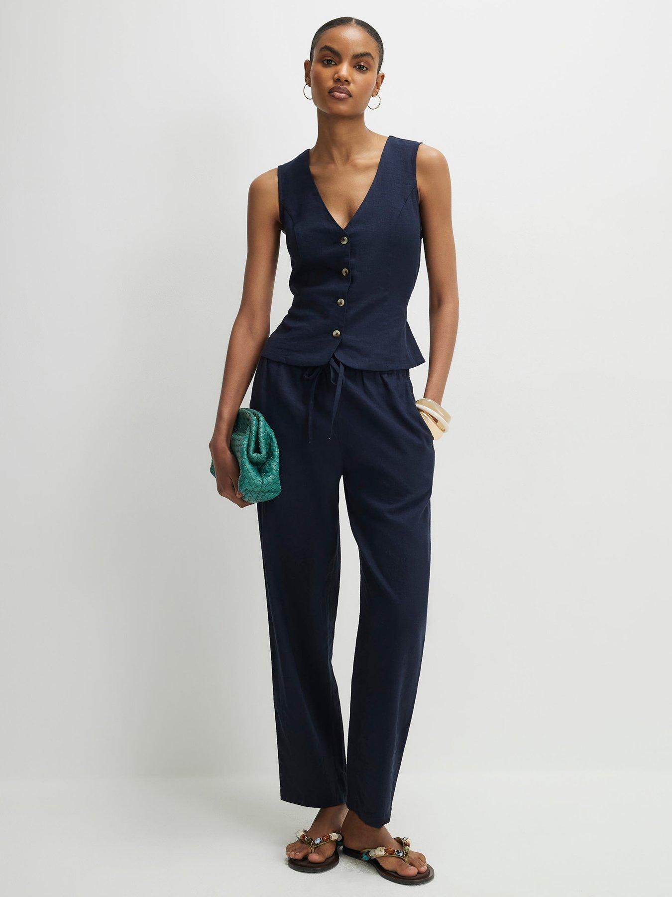 Image 3 of 4 of River Island Linen Co-ord Tapered Trousers - Navy