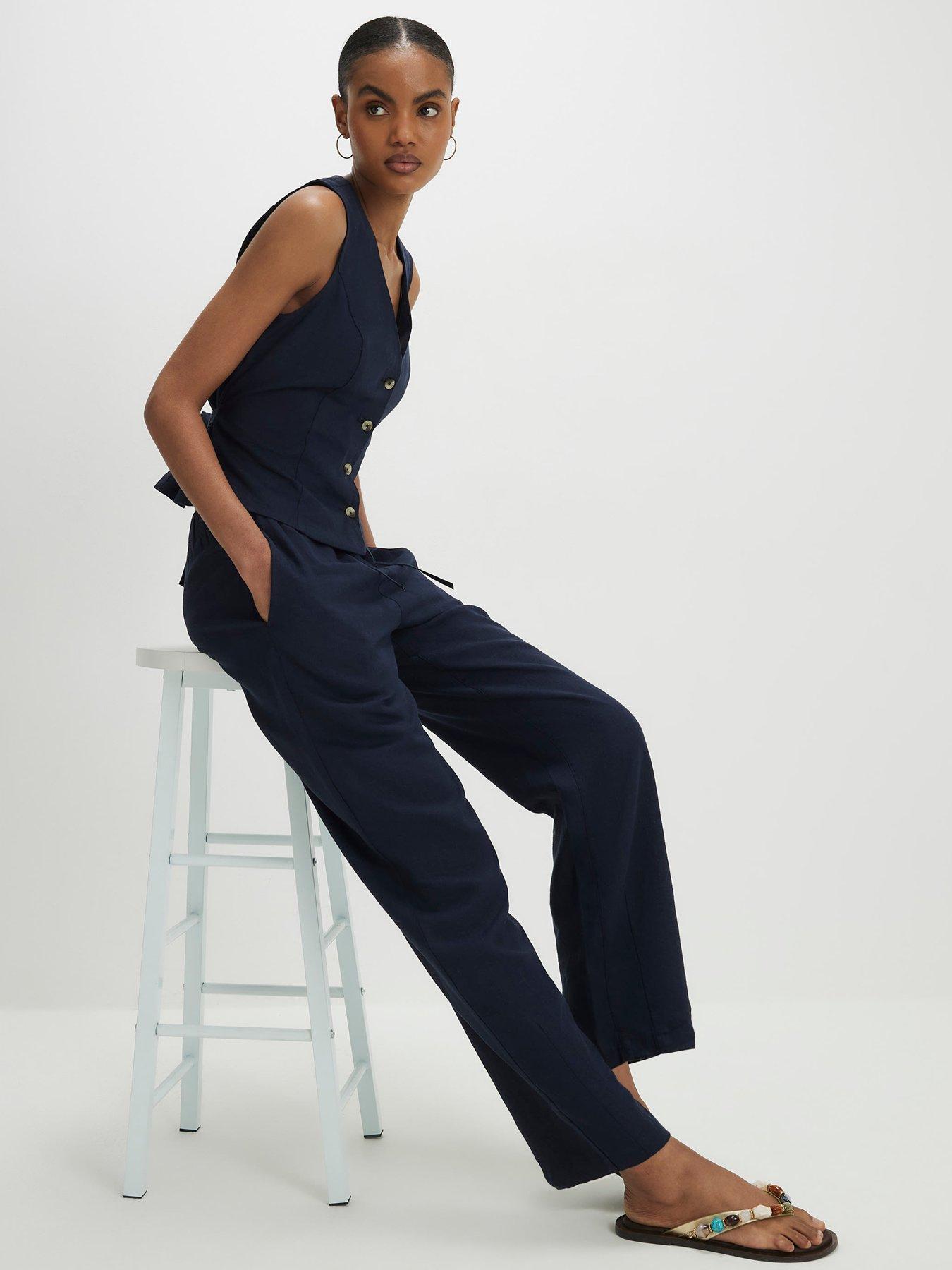 Image 4 of 4 of River Island Linen Co-ord Tapered Trousers - Navy