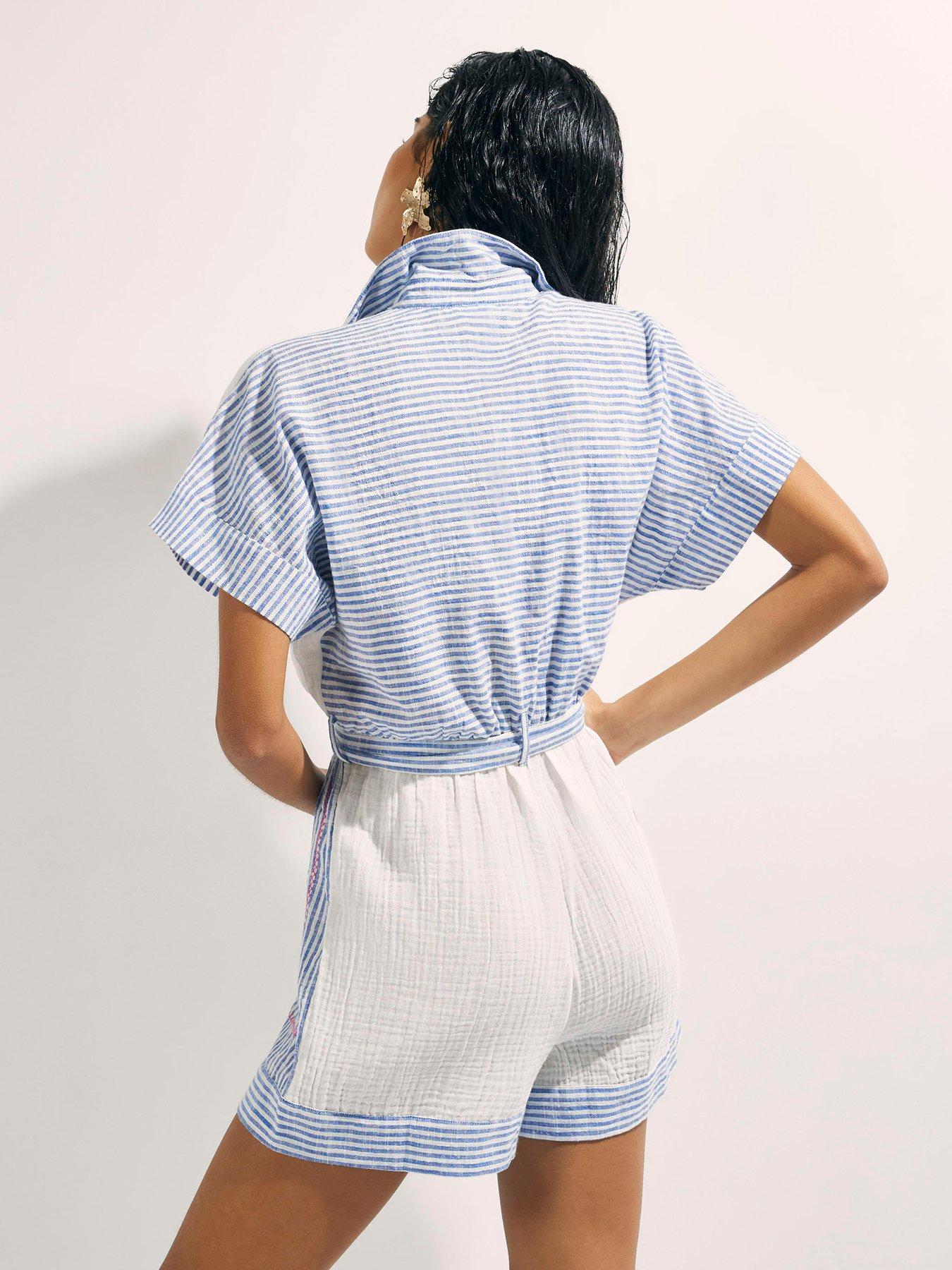 Image 2 of 4 of River Island Embellished Patchwork Stripe Playsuit - White