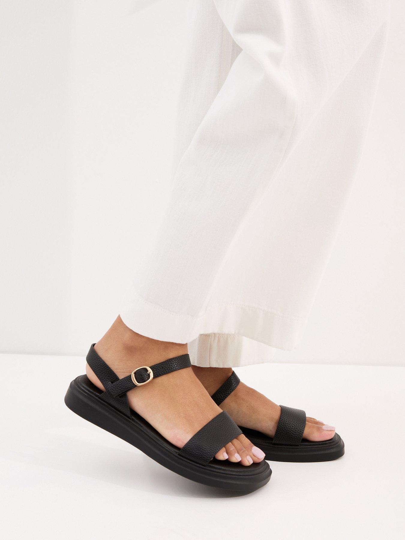 New Look Wide Fit Black Faux Leather Flat Buckled Sandals