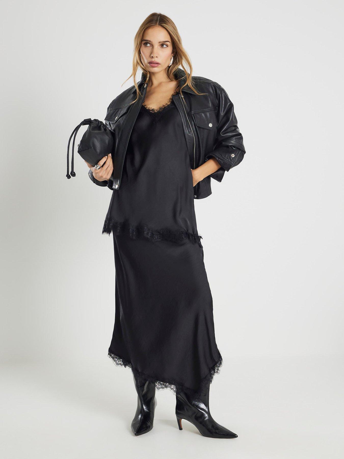 River Island Satin Midi Skirt With Lace Trim - Black