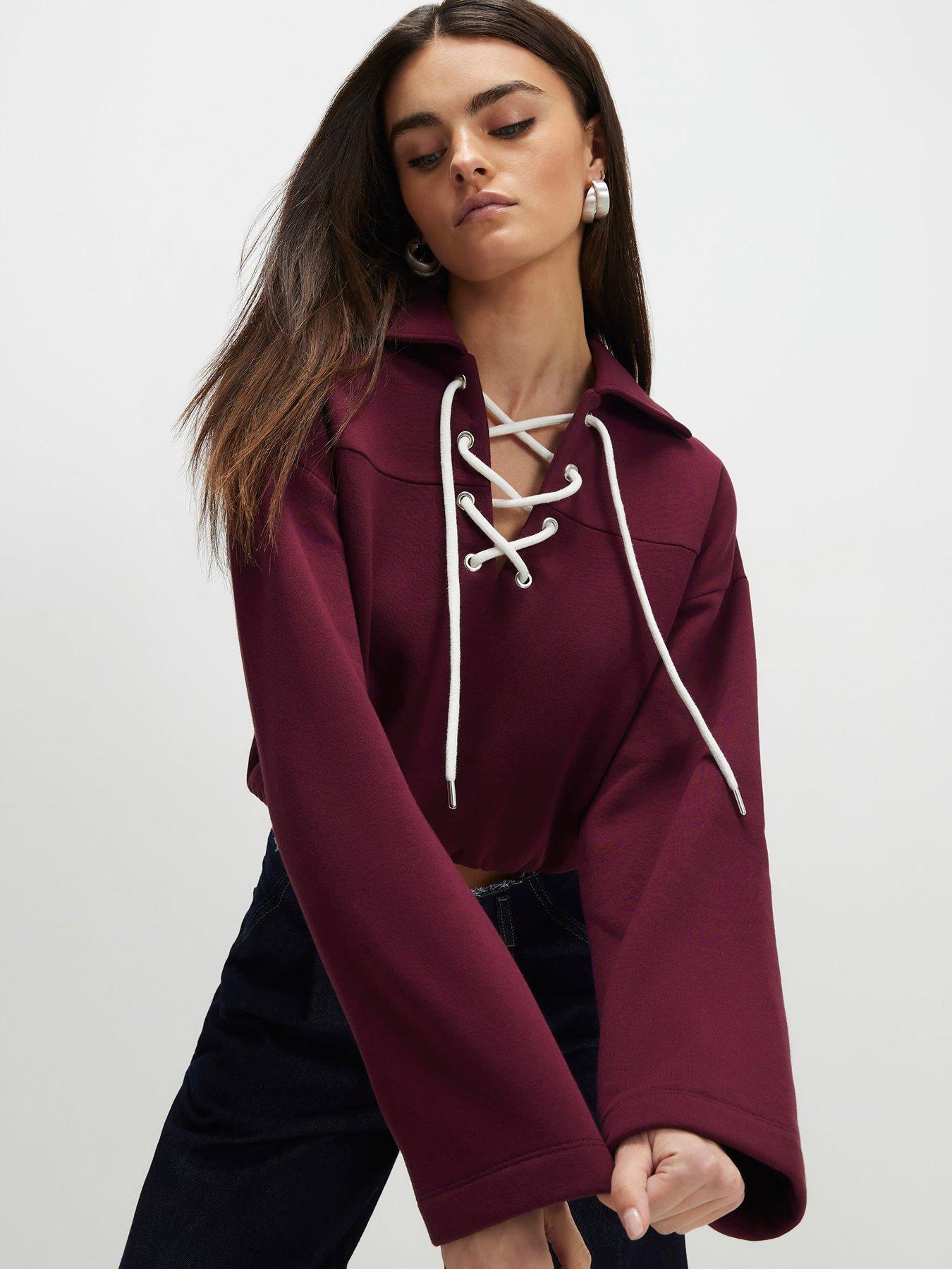 River Island Long Sleeve Lace Up Sweater - Red