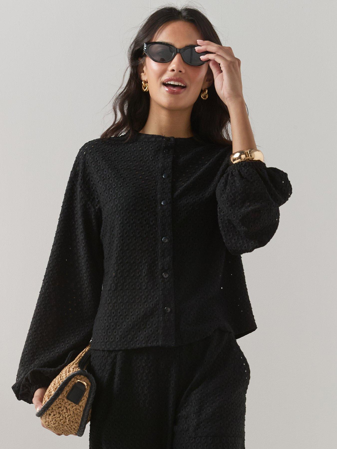 The Very Collection Crochet Button Up Long Sleeve Top Co-Ord - Black
