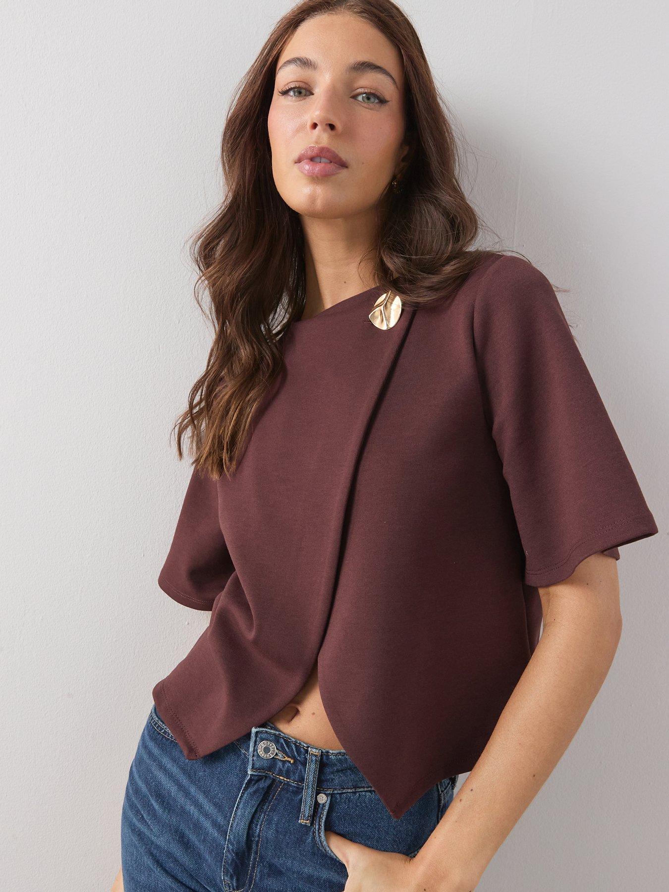 The Very Collection Button Wrap Short Sleeve Boxy Top - Brown