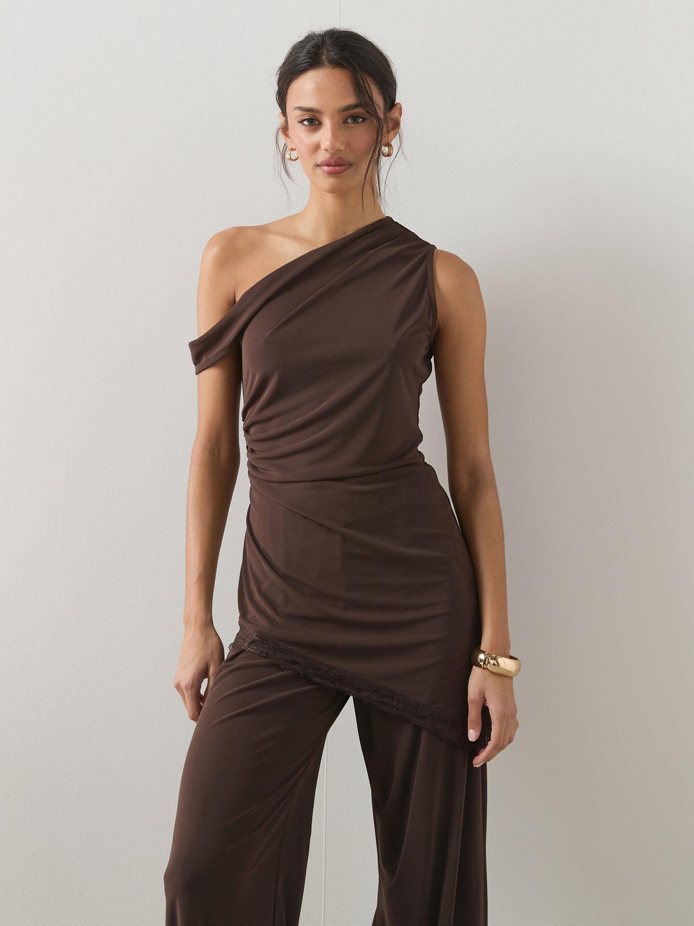 The Very Collection Off Shoulder Longline Asymmetric Top Co-Ord - Brown