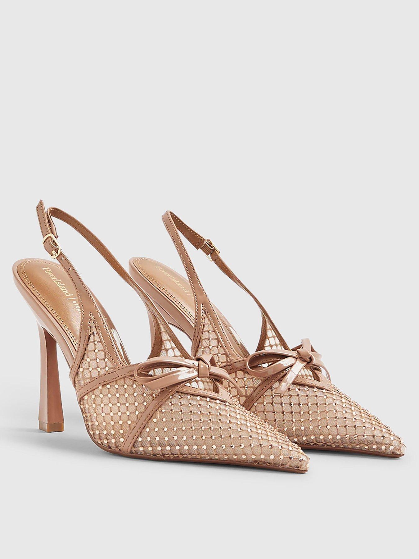Image 3 of 6 of River Island Mesh Bow Sling Back Shoes - Beige