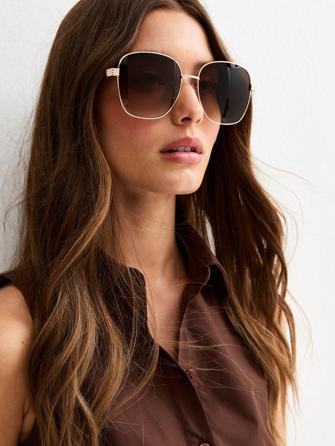 Image 2 of 4 of New Look Brown Oversized Round Sunglasses - Gold