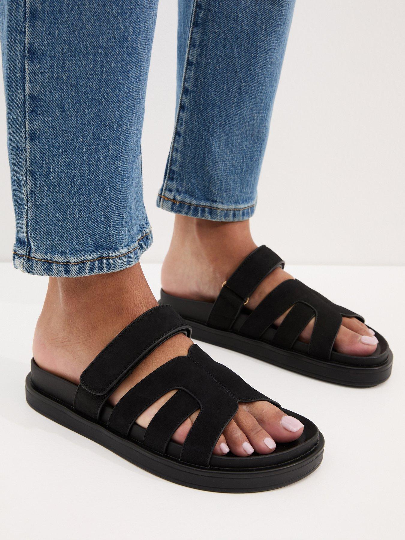 Image 1 of 5 of New Look Black Faux Suede Chunky Interwoven Strap Flat Sandals
