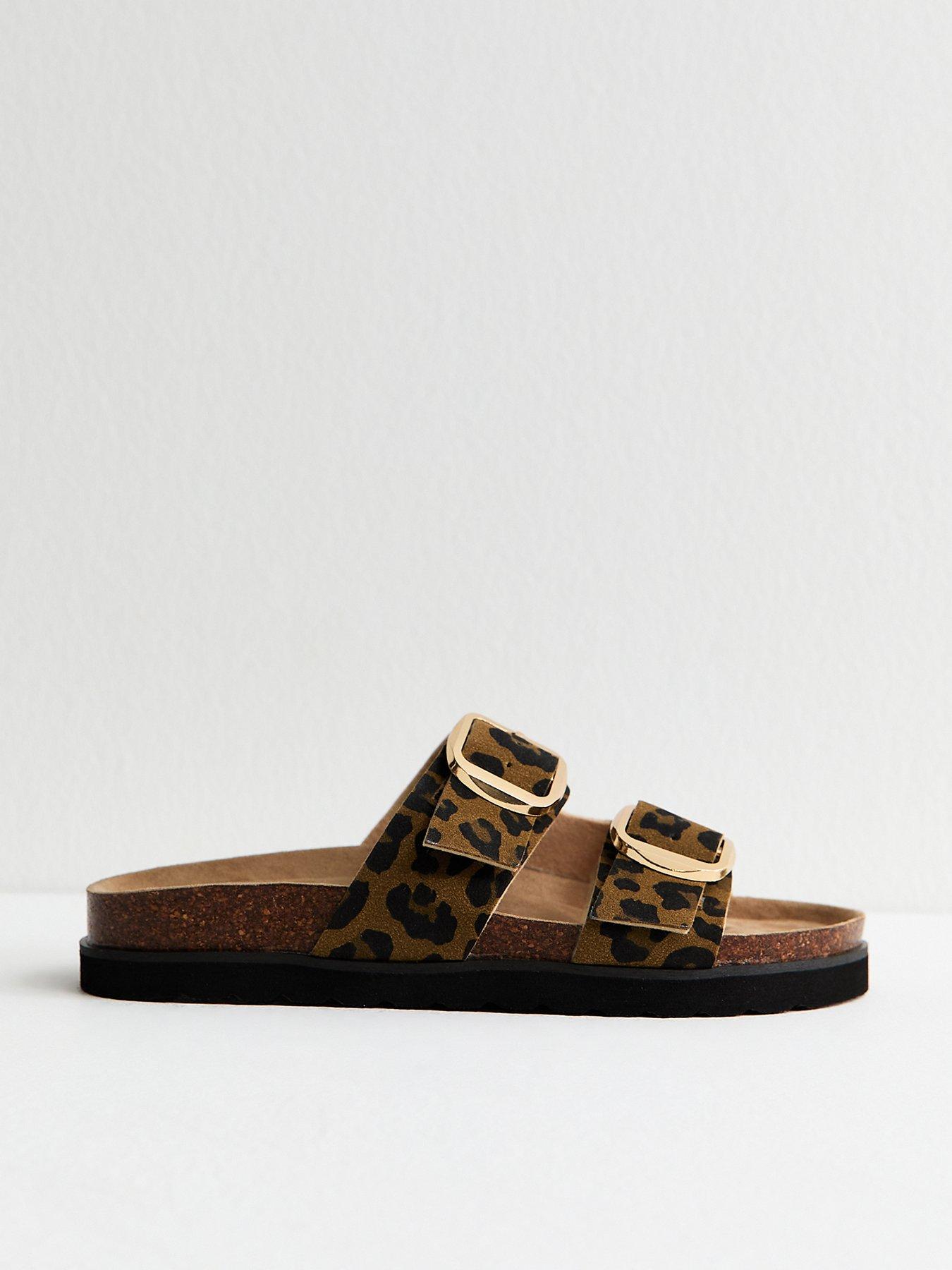 Image 1 of 6 of New Look Brown Animal Print Cork Sole Double Strap Mule Sandals - Brown