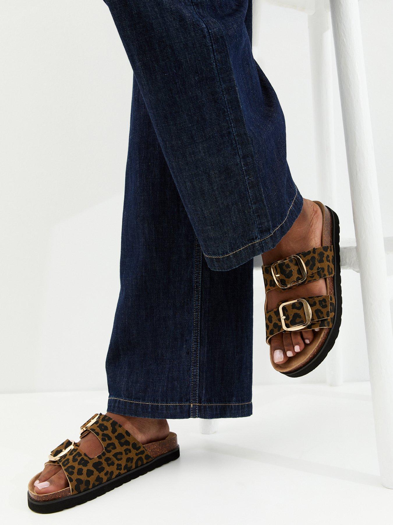 Image 2 of 6 of New Look Brown Animal Print Cork Sole Double Strap Mule Sandals - Brown