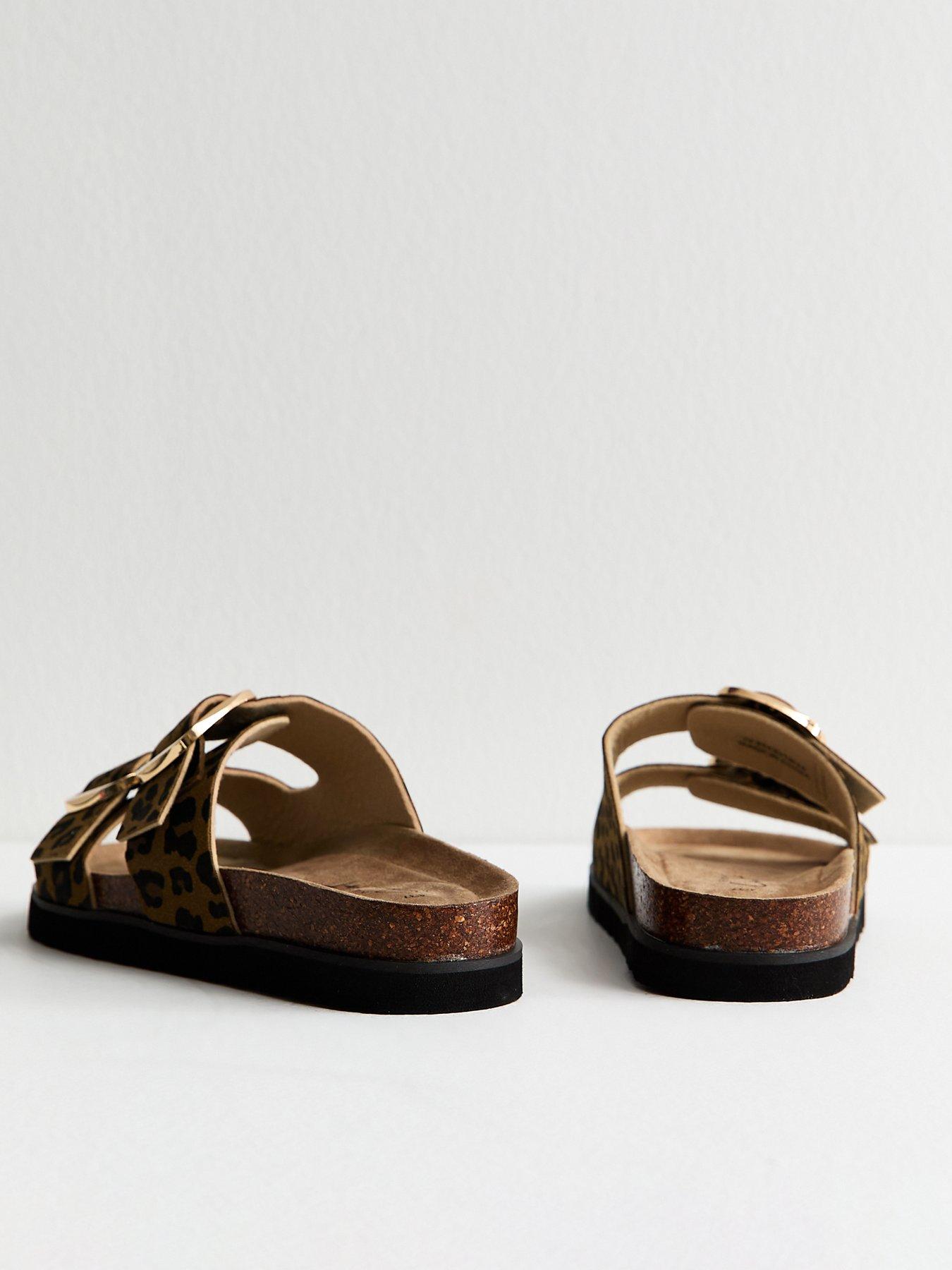 Image 3 of 6 of New Look Brown Animal Print Cork Sole Double Strap Mule Sandals - Brown