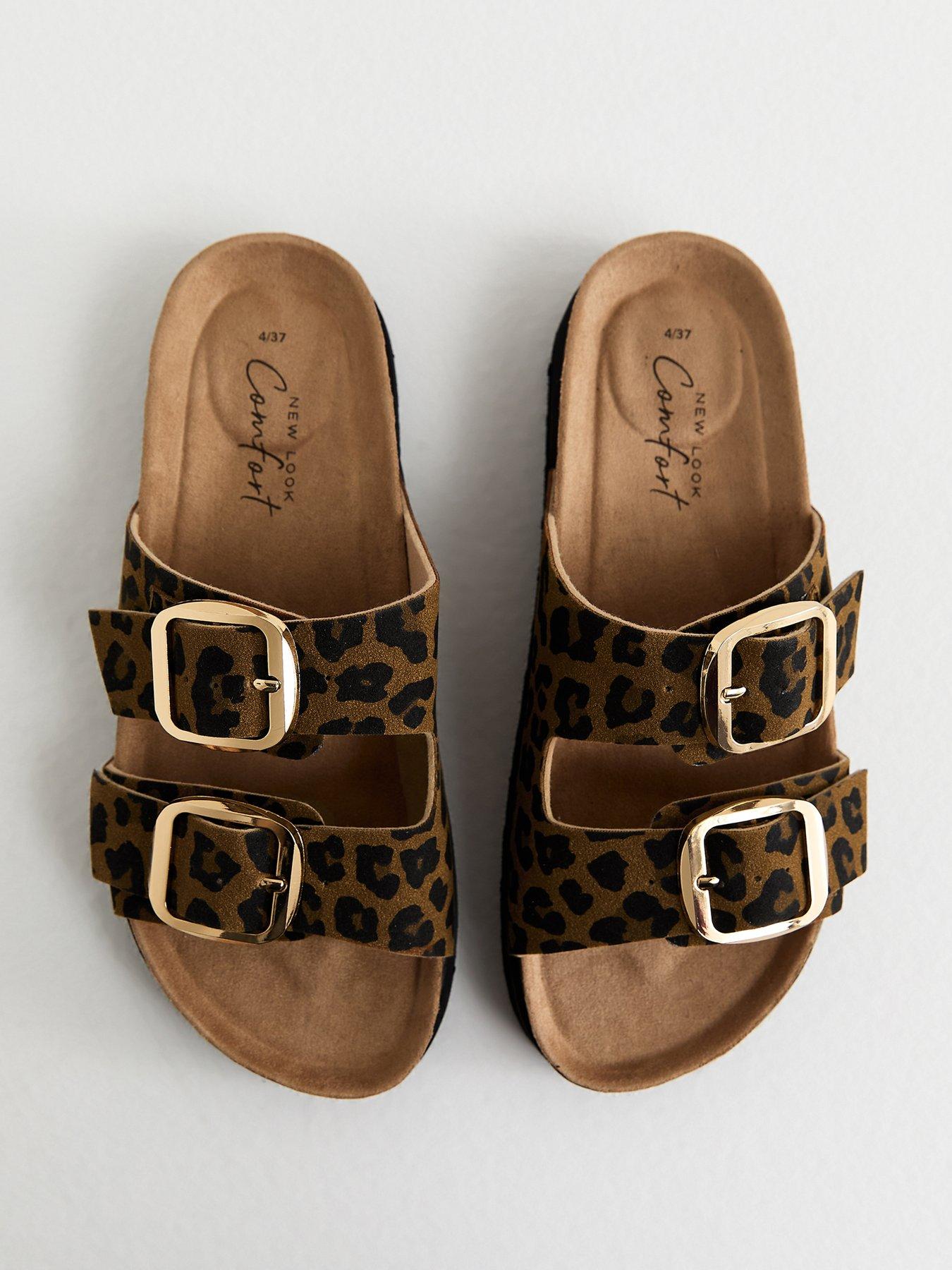 Image 4 of 6 of New Look Brown Animal Print Cork Sole Double Strap Mule Sandals - Brown