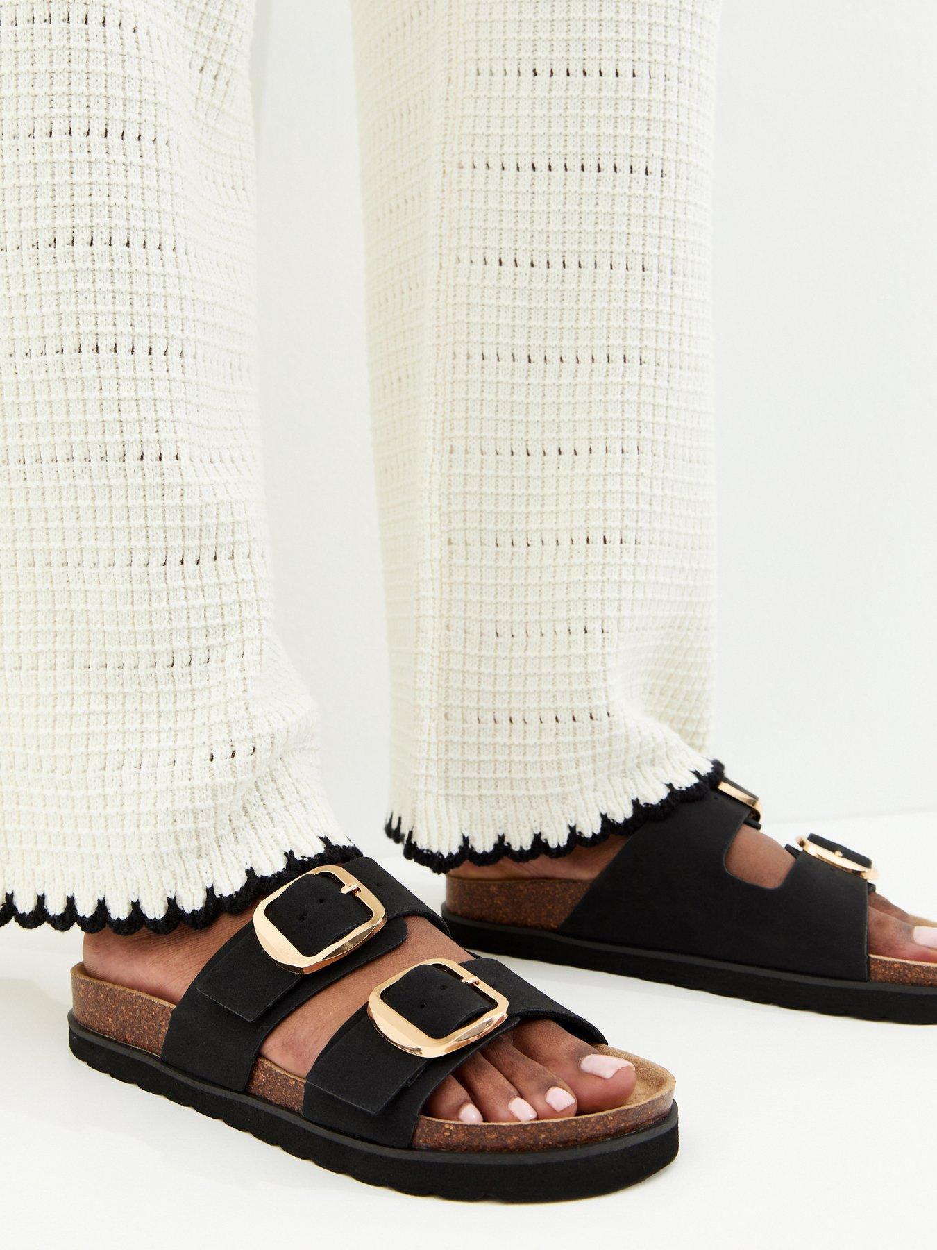 New Look: Cork Sole Double Strap Mule Sandals - Black